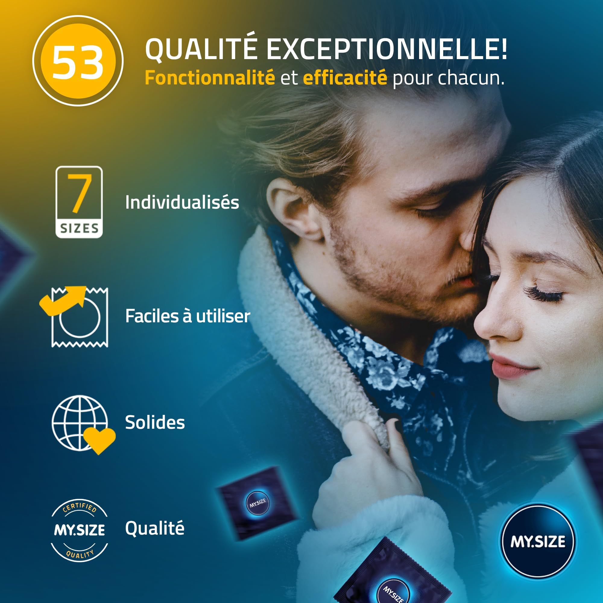 Couple s'embrassant, entouré de boîtes de préservatifs MY.SIZE 53 et de préservatifs individuels.