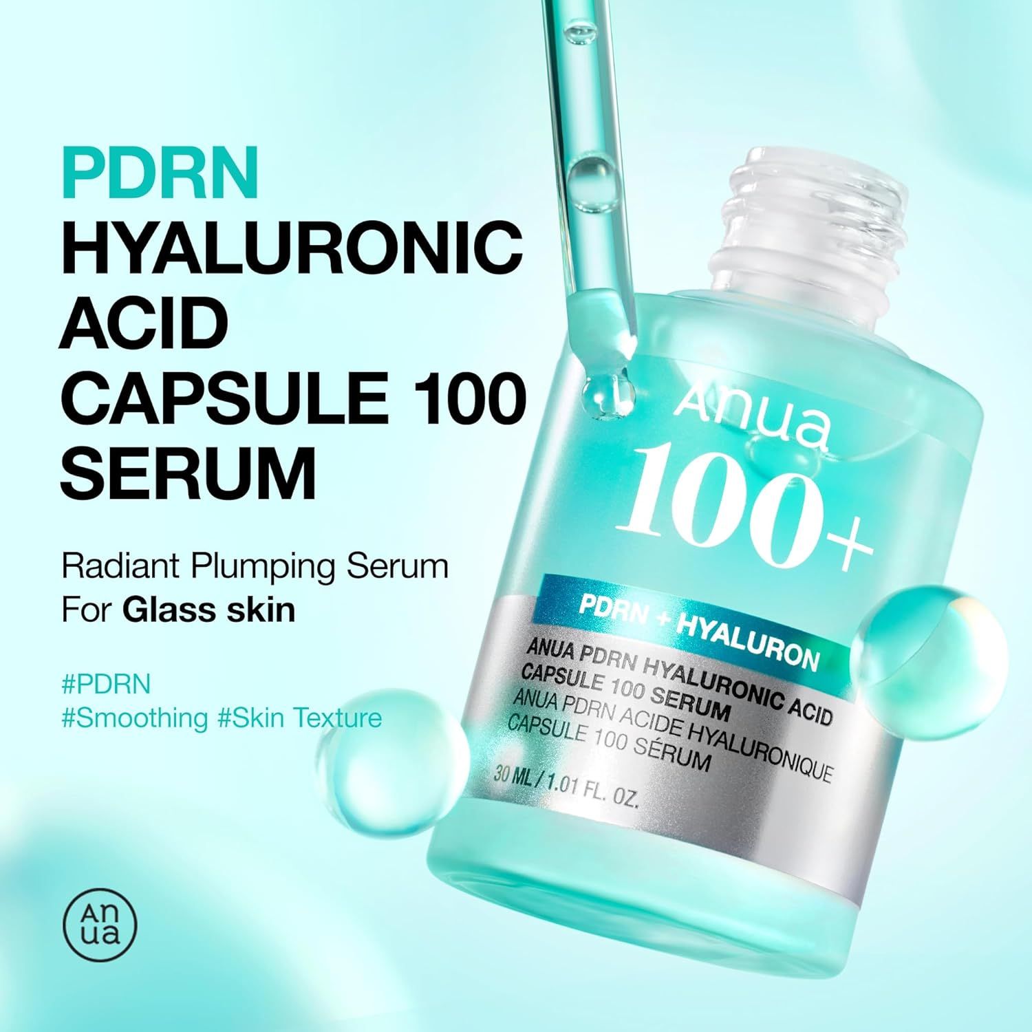 Flacon de sérum d'acide hyaluronique avec compte-gouttes. Contient du PDRN et de l'acide hyaluronique.