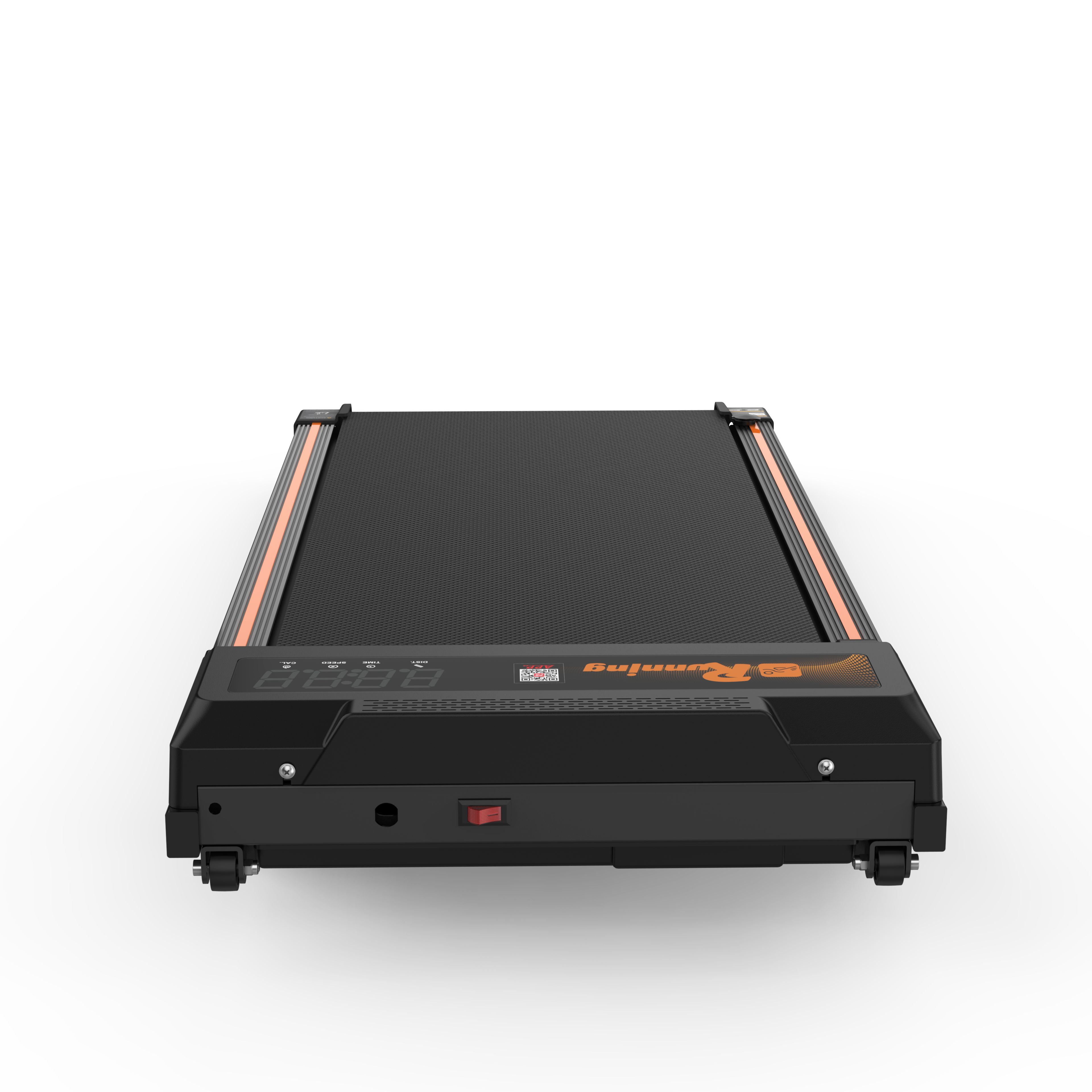 Tapis roulant noir avec accents orange. Écran LED et roulettes. Vue de face.