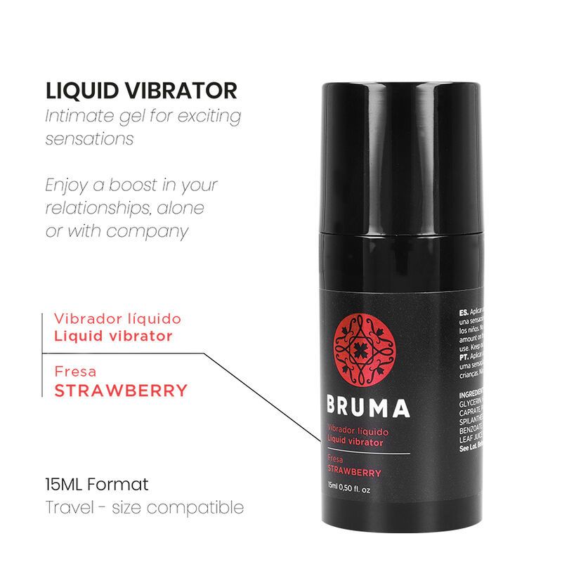 Bruma Vloeibare Vibrator Aardbei Smaak 15ml fles met productinformatie.