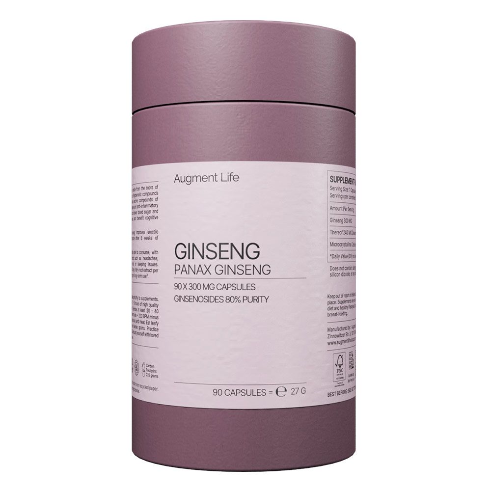 Ronde container met Augment Life Ginseng Panax Ginseng Capsules, 90x300mg capsules, Ginsenosides 80% zuiverheid.