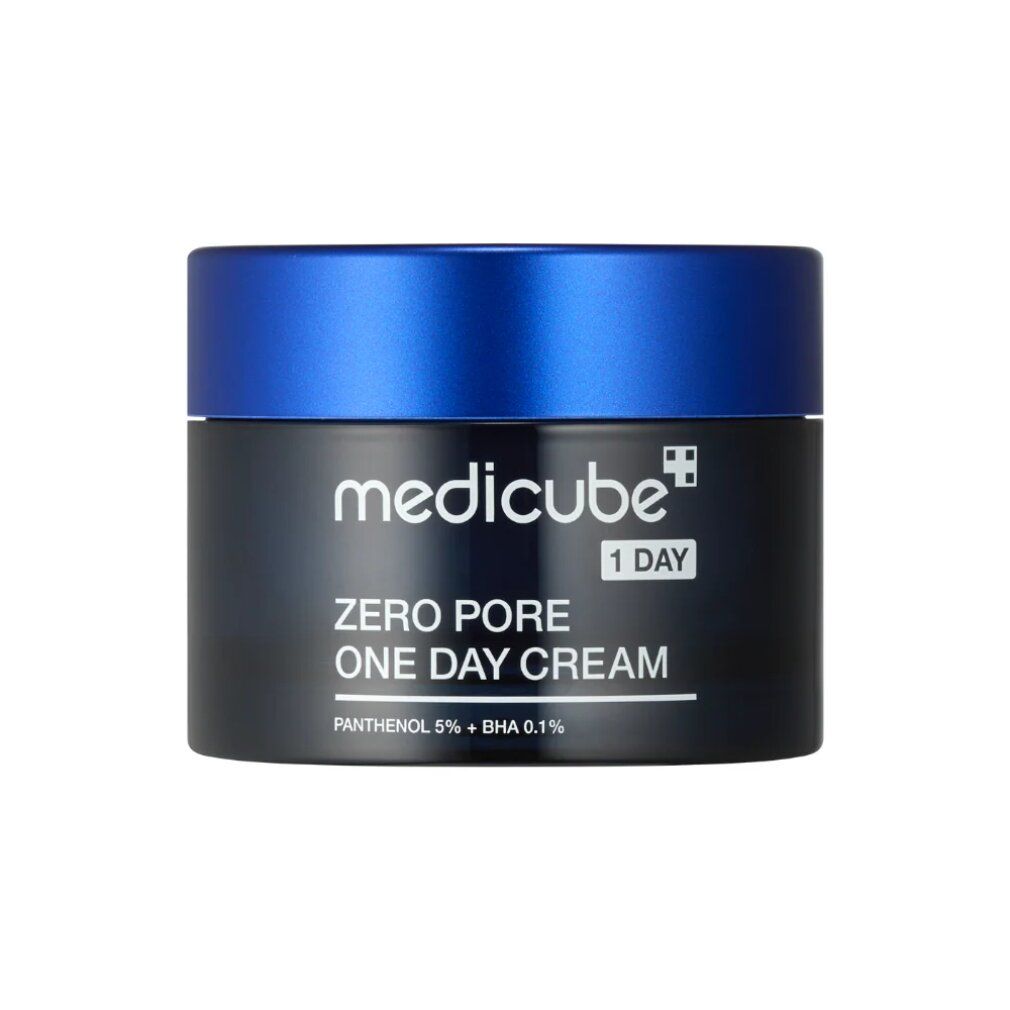 Medicube Zero Pore One Day Cream in zwarte pot met blauwe dop. Bevat panthenol en BHA.