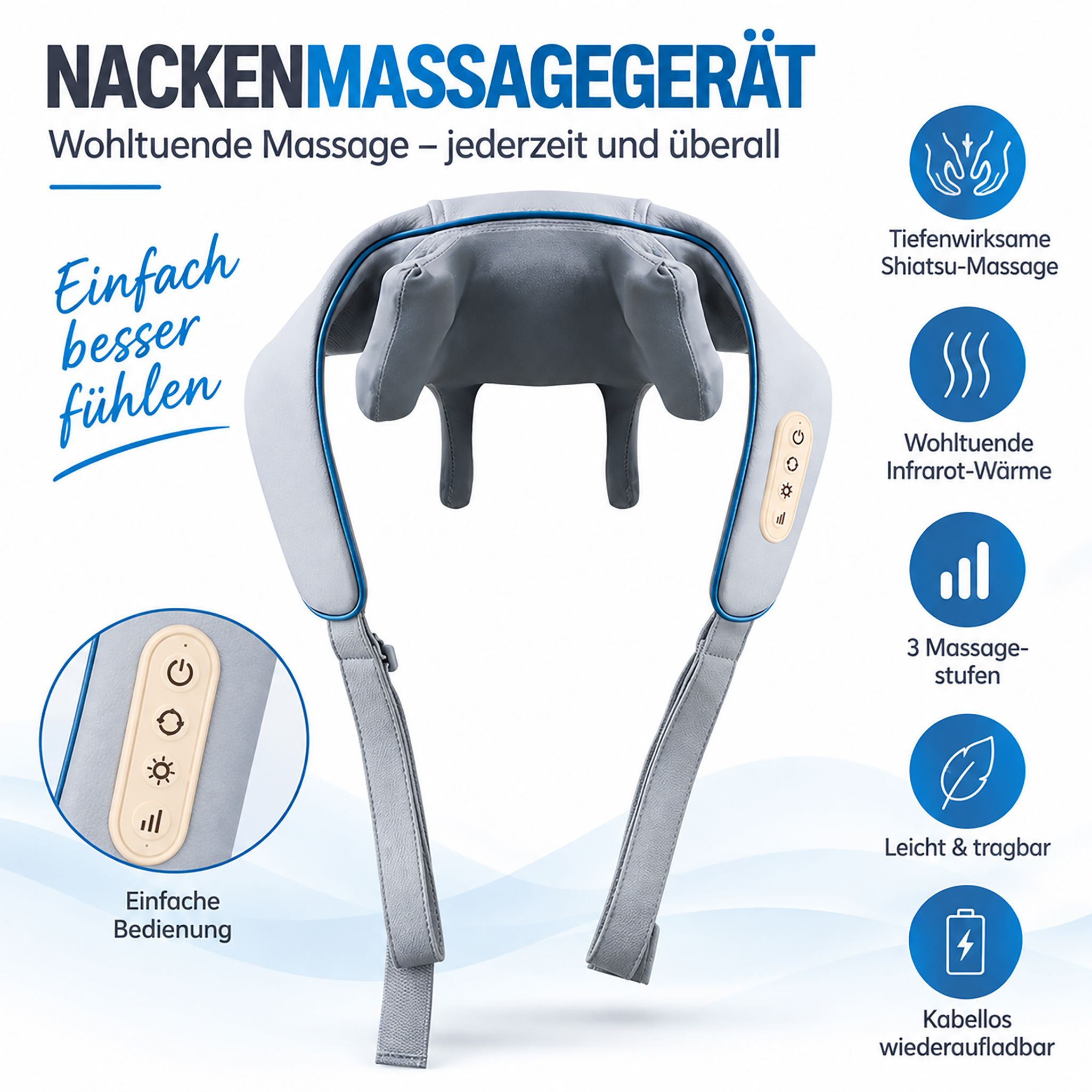 Grijze nekmassager met 4 massagekoppen en bedieningselementen, vooraanzicht.