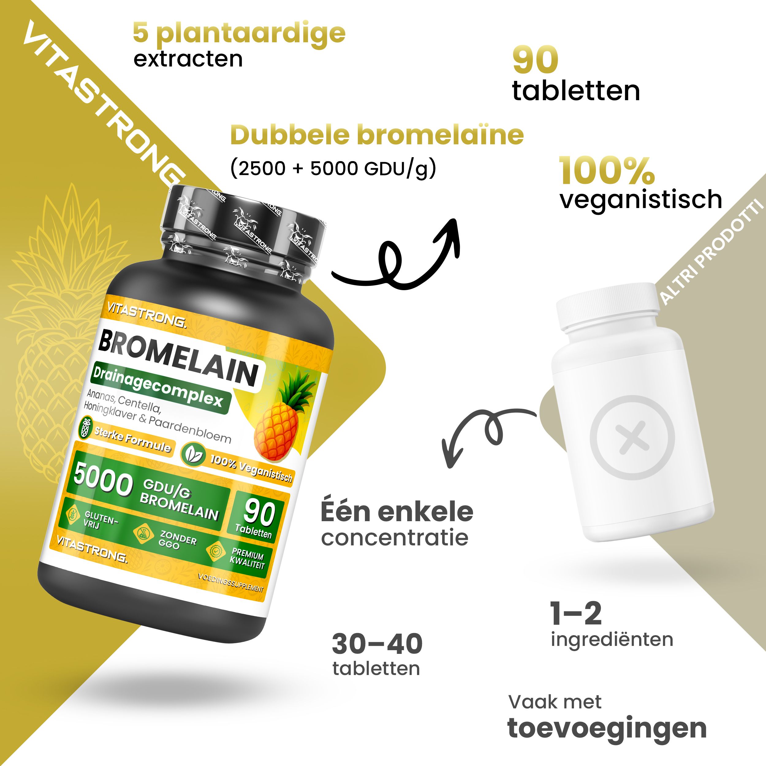Vitastrong Bromelaïne 5000 GDU – ondersteunt vochtafvoer en helpt tegen cellulitis