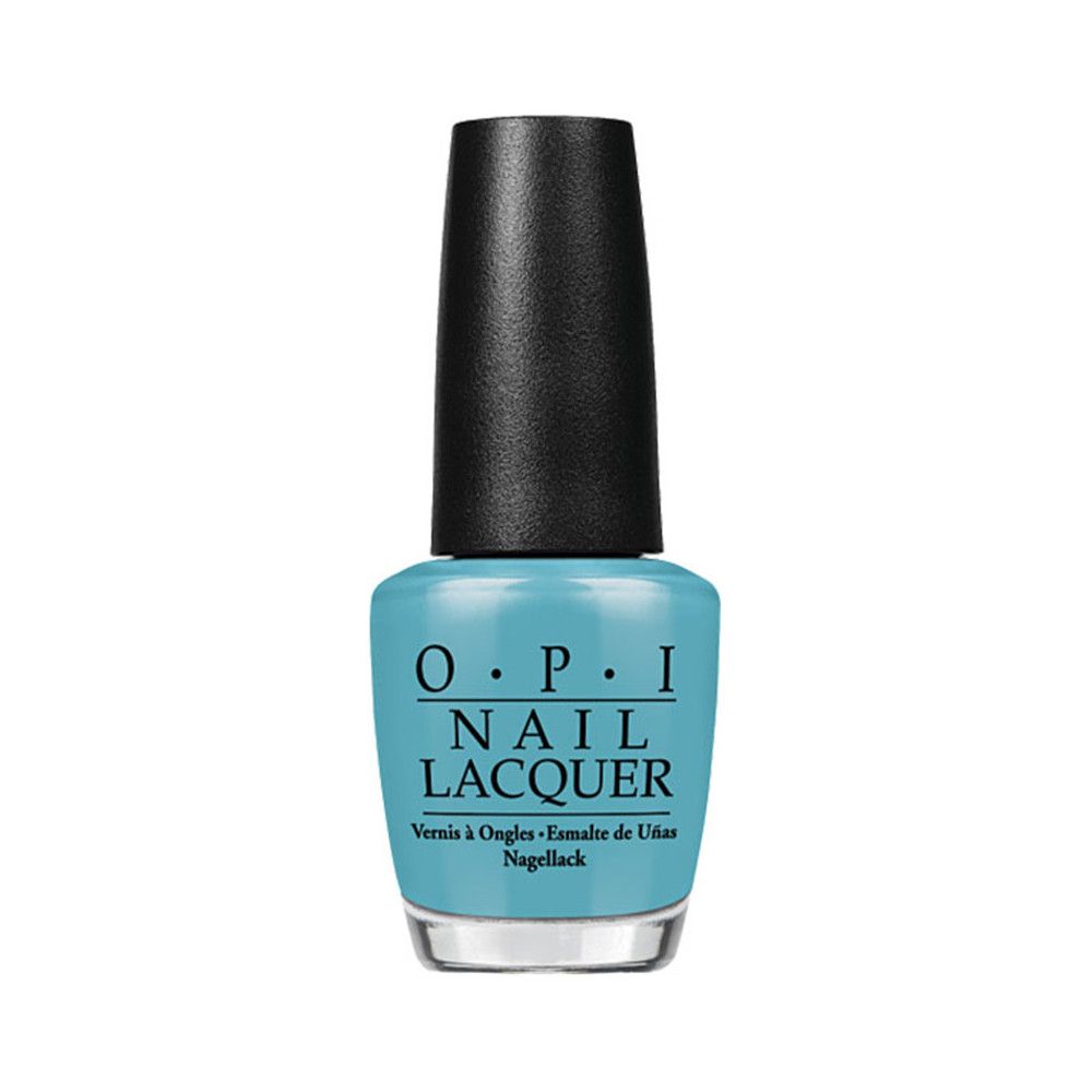 Nagellakfles met zwarte dop. Op de fles staat OPI NAIL LACQUER. Turquoise kleur.
