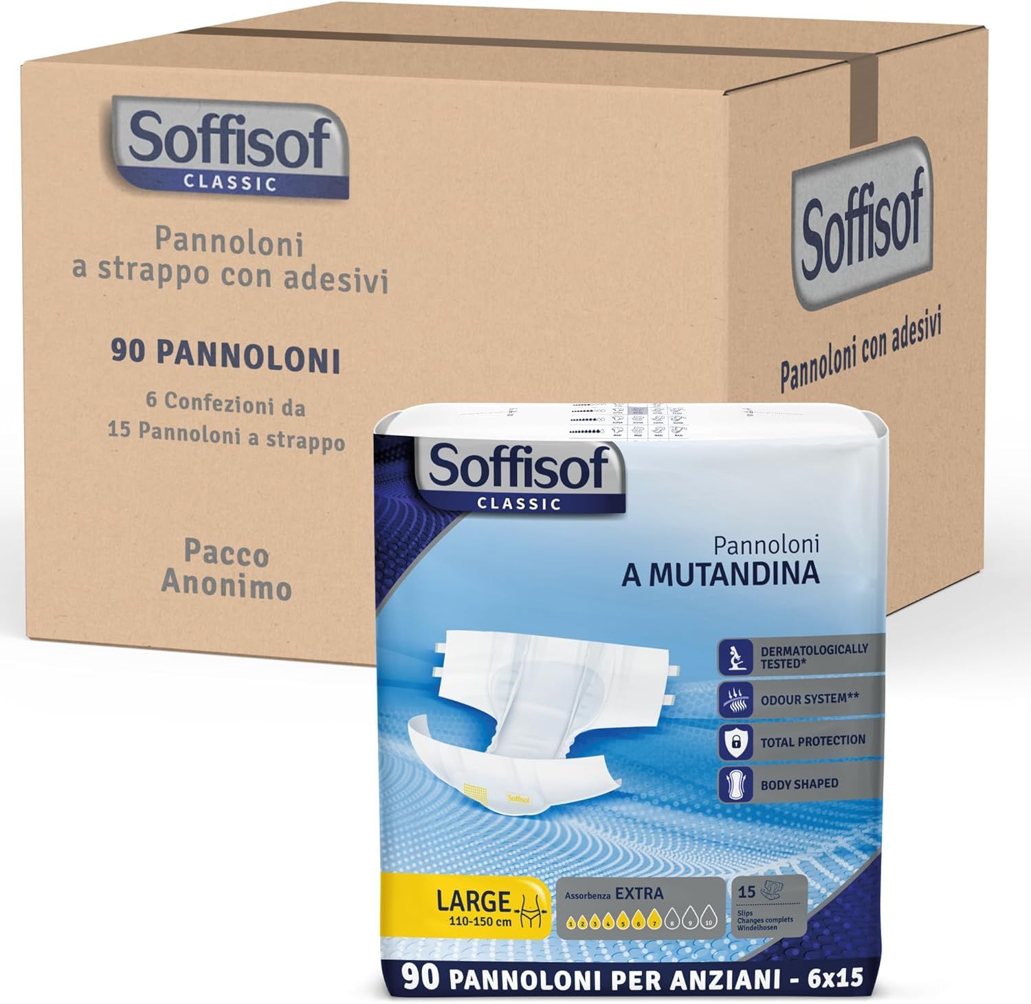 Soffisof Classic couches adultes Extra. Emballage avec carton et paquet. 90 pièces. Pannoloni a strappo con adesivi.