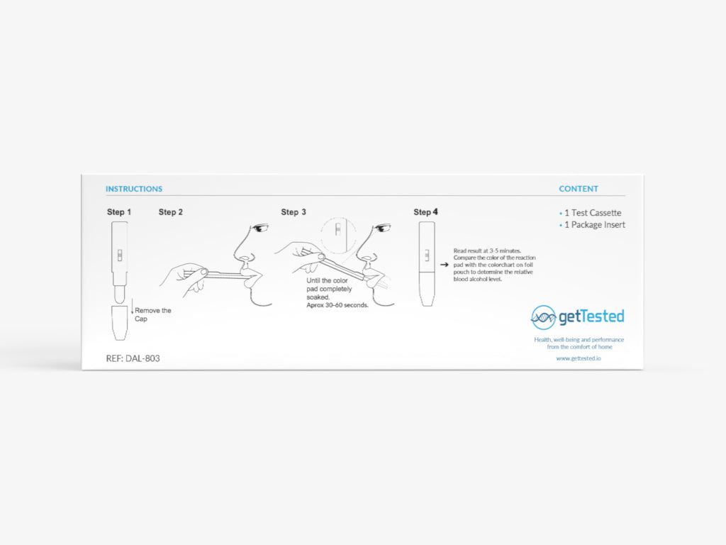 Emballage avec illustrations et instructions. Contient une cassette de test et une notice. Inscription: getTested.