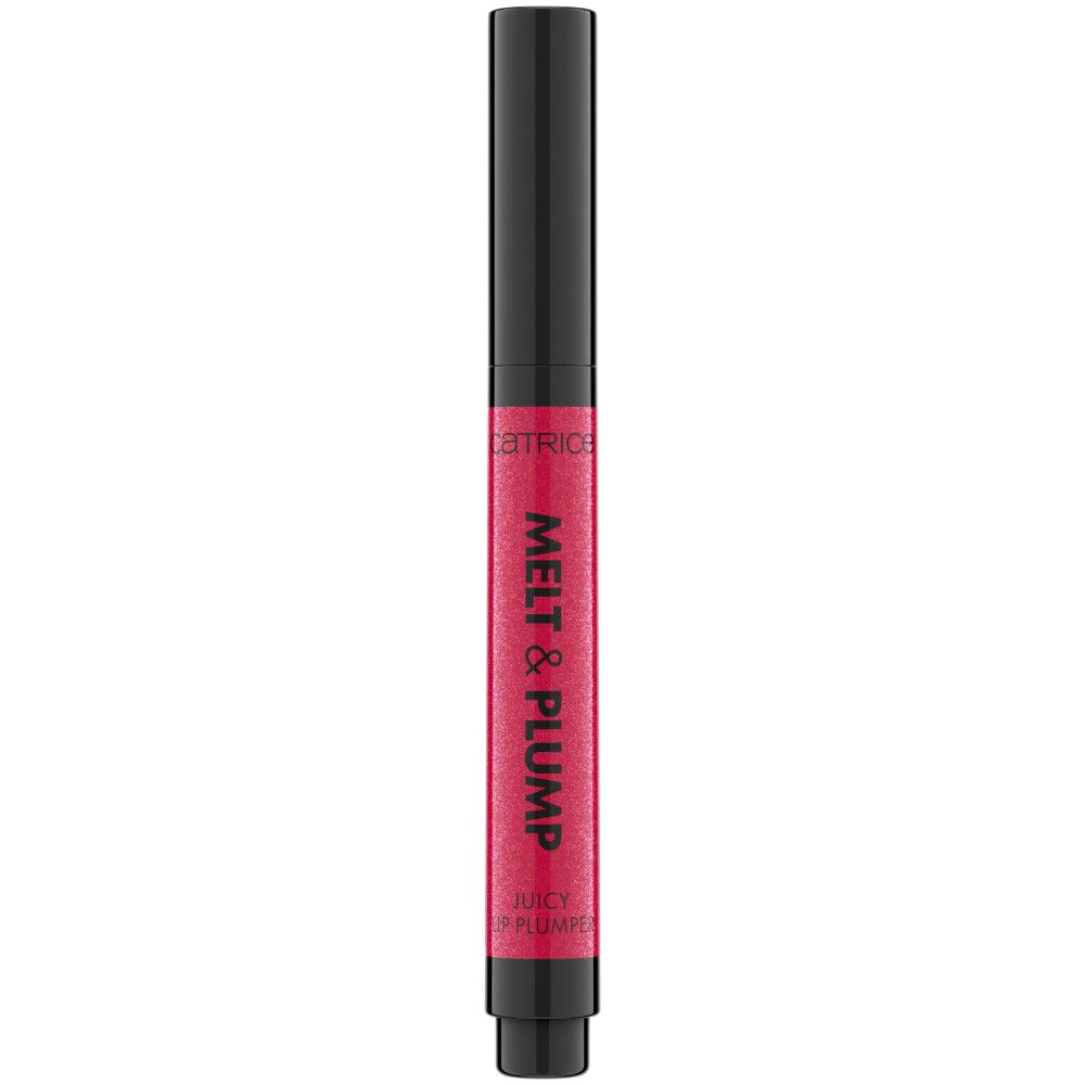 Remplisseur de lèvres avec bouchon noir et inscription MELT & PLUMP. Produit rose avec applicateur noir.