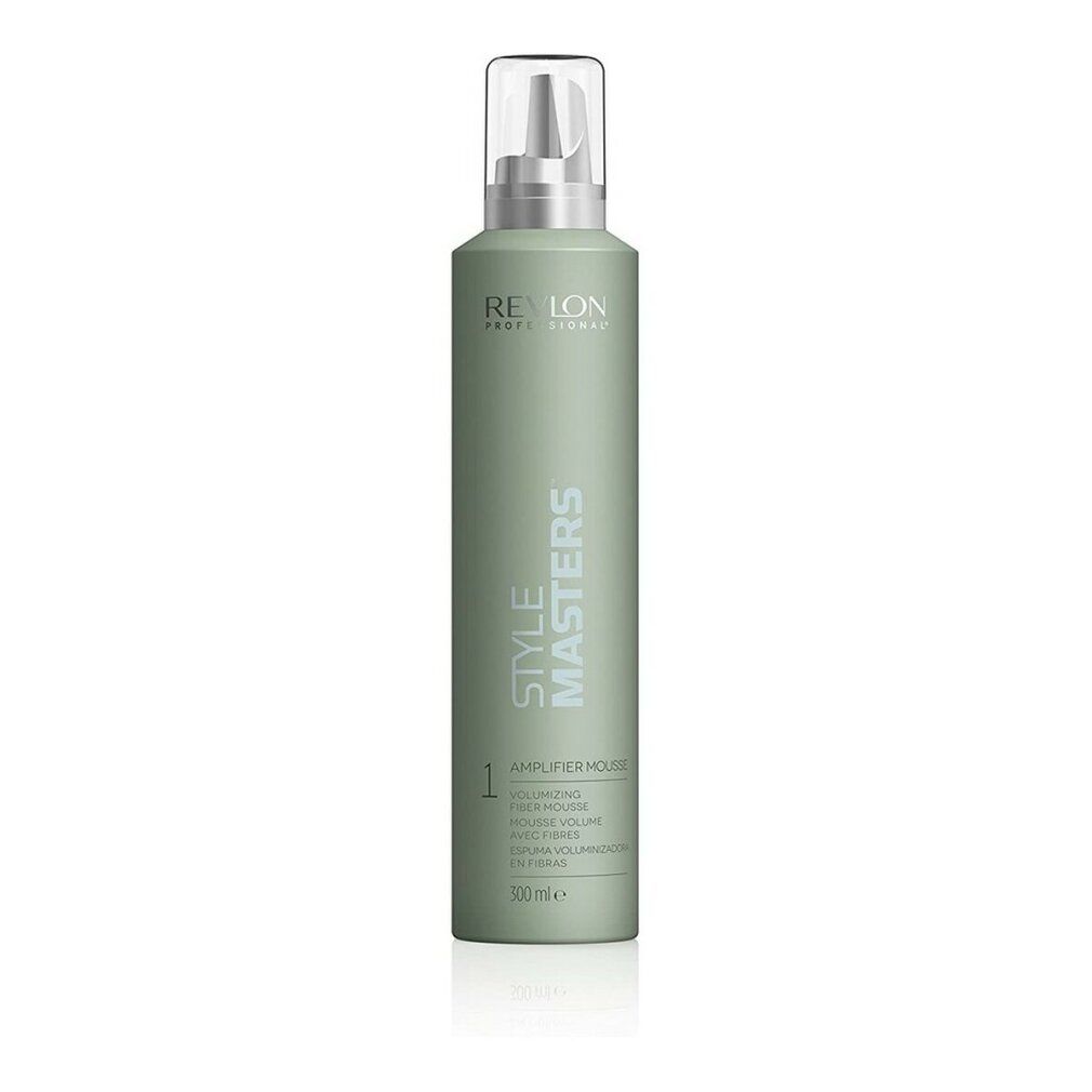 Groene fles met sproeikop. Opschrift: Revlon Professional, Style Masters, Amplifier Mousse. Volume: 300ml.