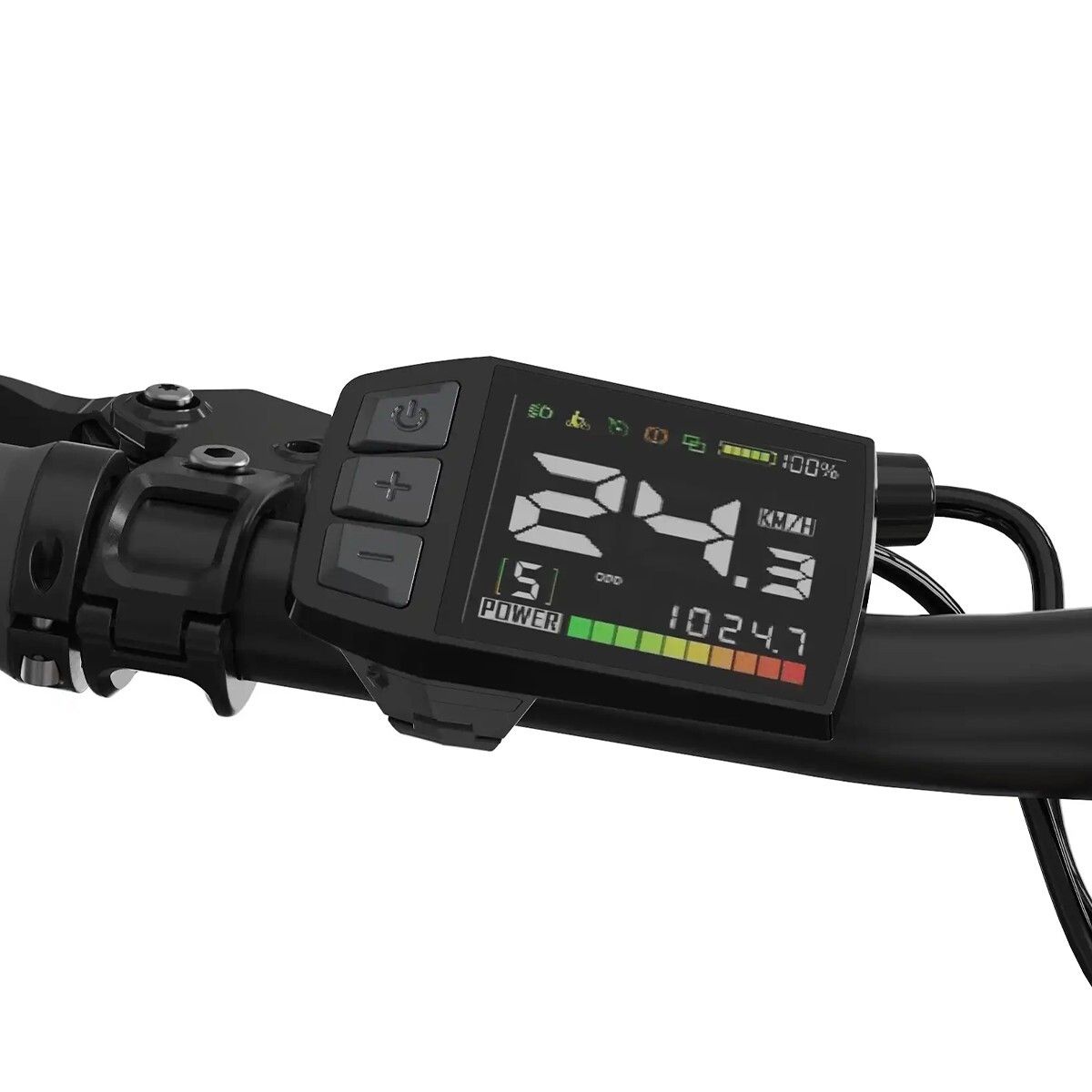 Digitaal display op het stuur. Toont snelheid, batterijniveau en andere informatie. Zwart frame.