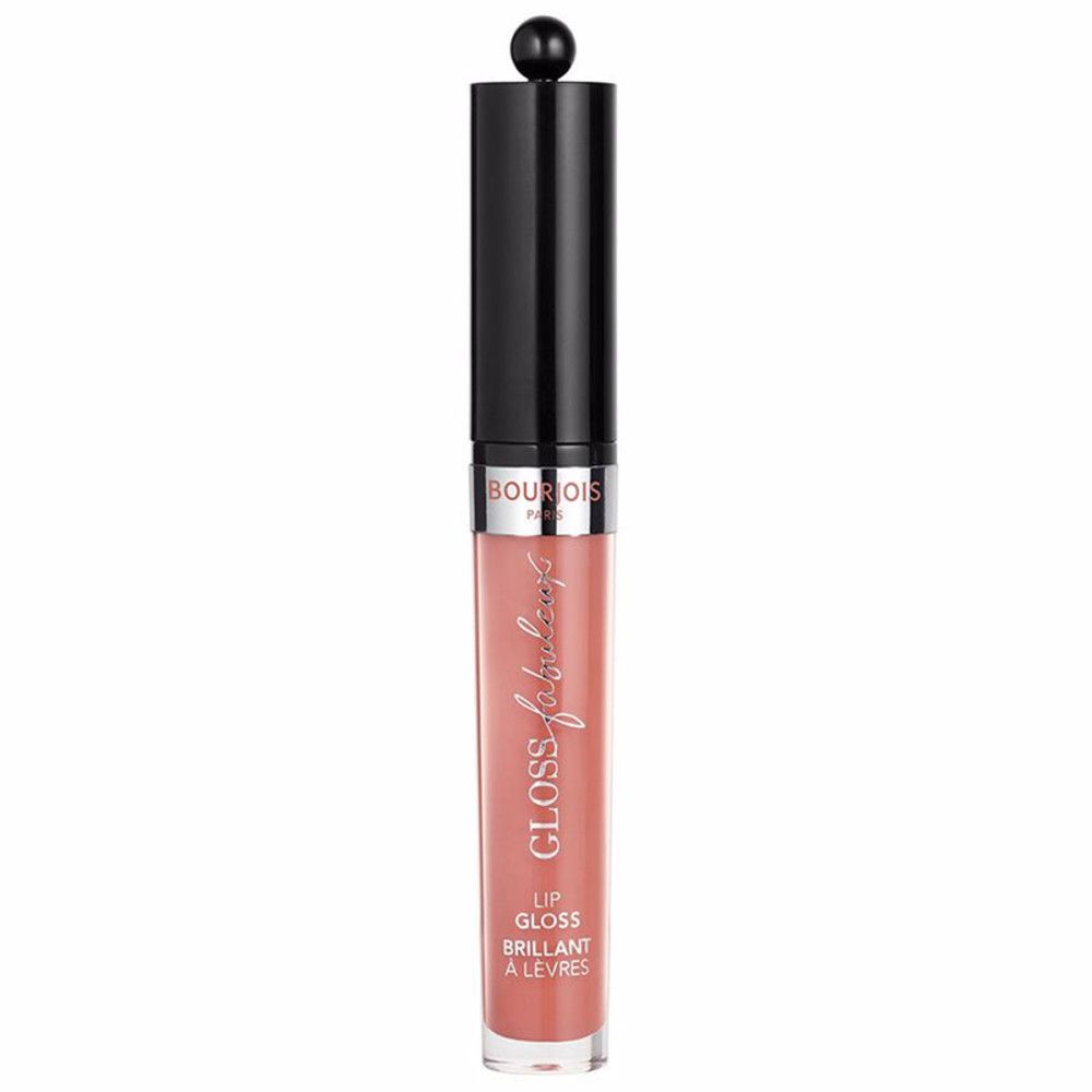 Flacon de gloss, contenu rose. Bouchon noir. Texte: Gloss Fabuleux, Bourjois.
