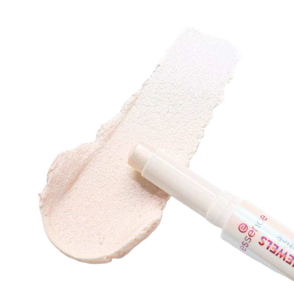 Stick de fard à paupières Essence Jelly Jewels Glitter blanc et échantillon de couleur. Inscription : Jelly Jewels glitter stick. Marque : Essence.