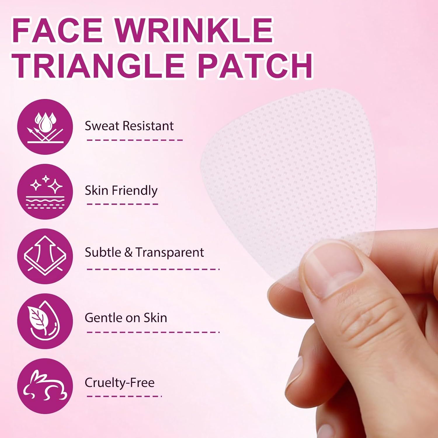 Un patch triangulaire blanc est tenu par une main. Texte : Face Wrinkle Triangle Patch. Résistant à la transpiration, doux pour la peau.