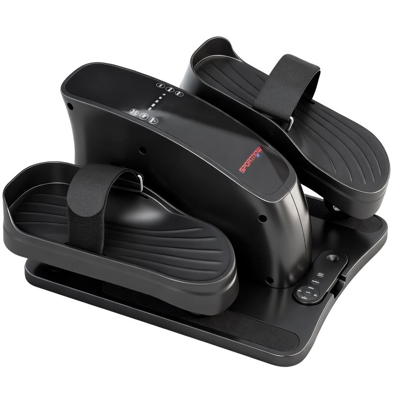 Zwarte mini-elliptische trainer. Pedalen met riemen, centraal bedieningspaneel met knoppen en LED-display. SPORTNOW-logo.