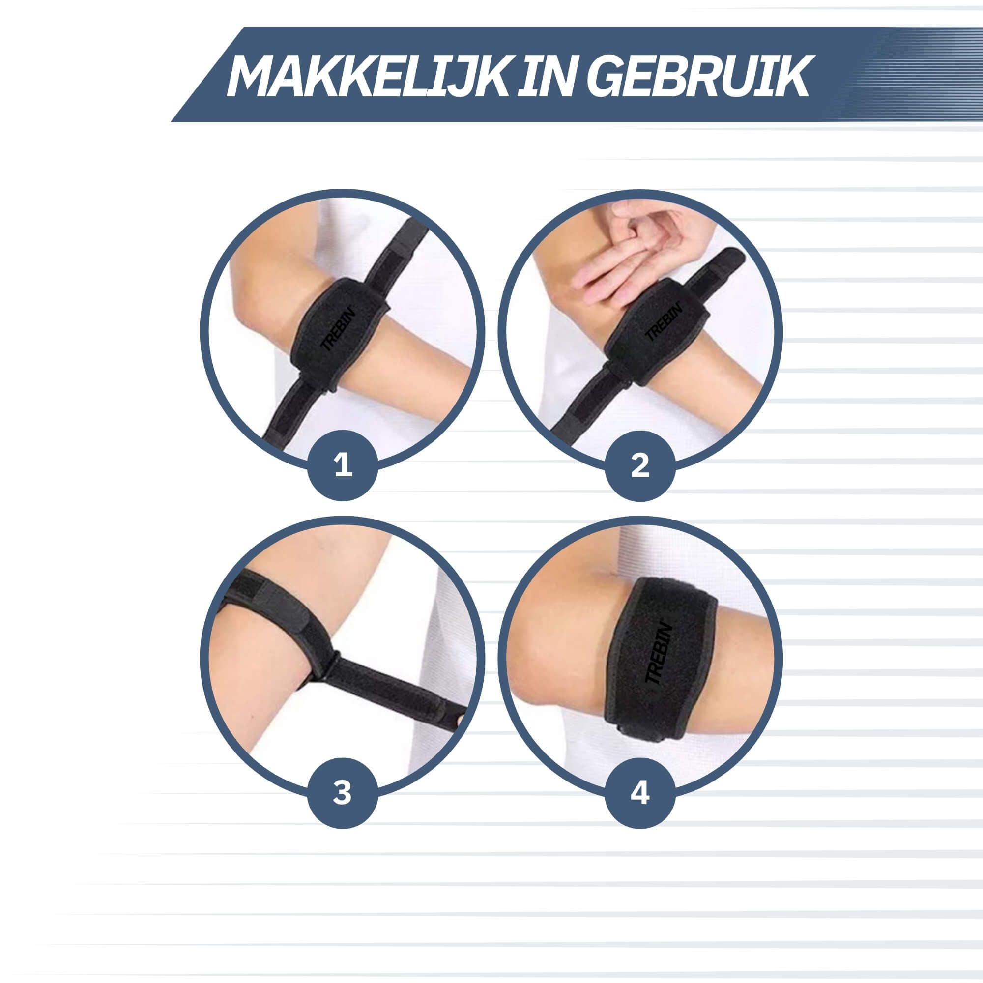 Instructies in vier stappen voor het aanbrengen van een compressie elleboogbrace.