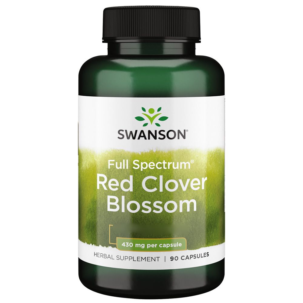 Flacon vert avec bouchon noir. Étiquette : "SWANSON Red Clover Blossom". Contient 90 gélules.