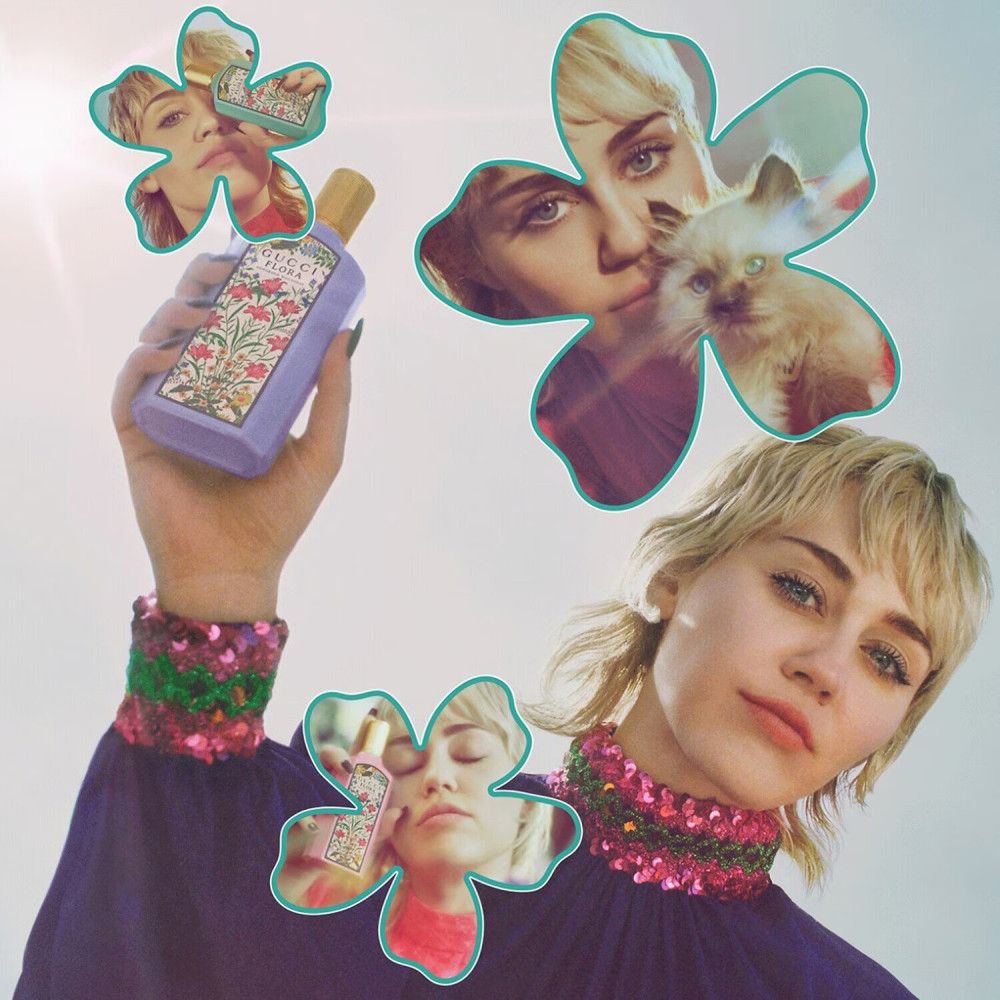 Flacon floral tenu en main. Femme avec superposition de fleurs. Gucci Flora Gorgeous Magnolia.