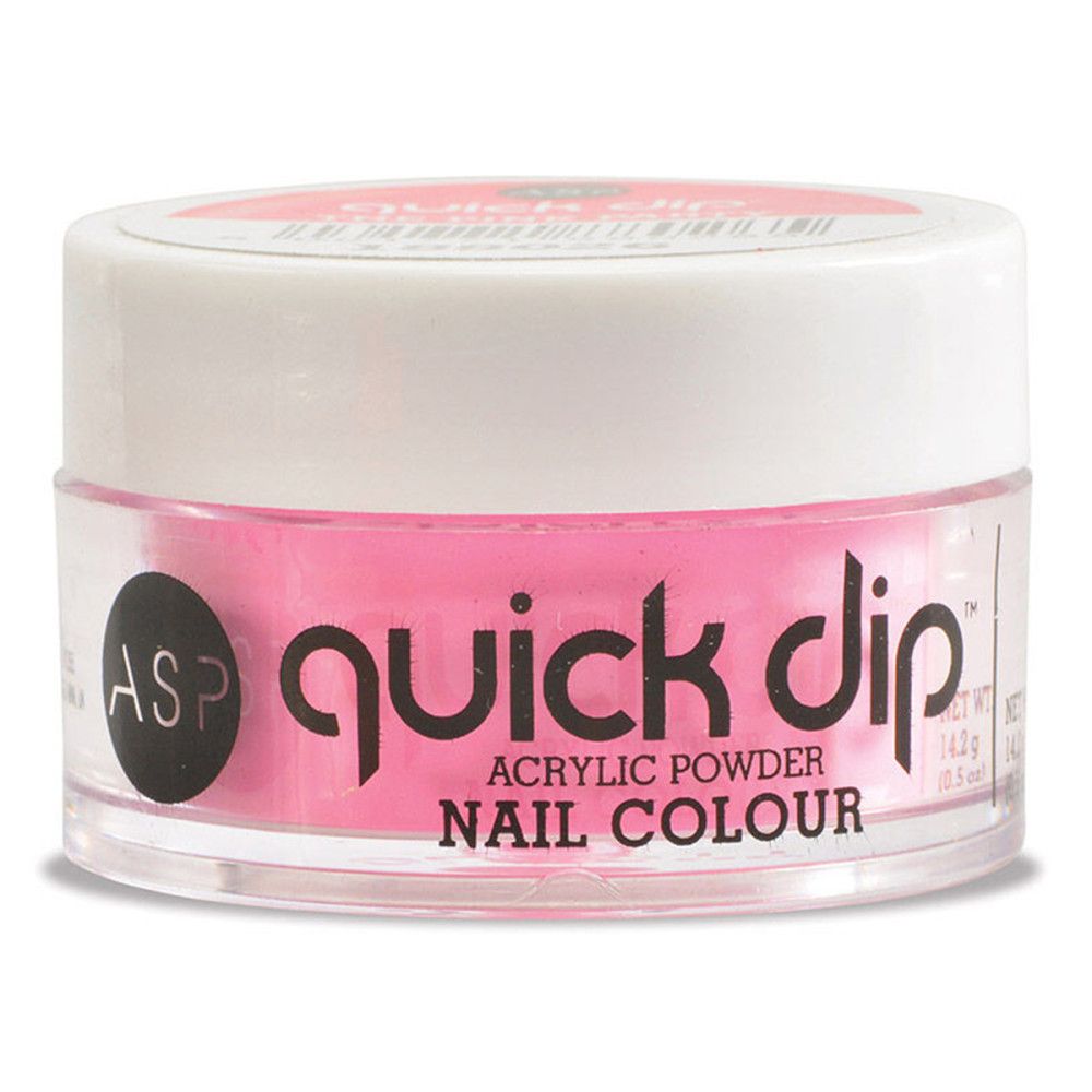 Pot rond de poudre acrylique rose. Inscription 'quick dip'.