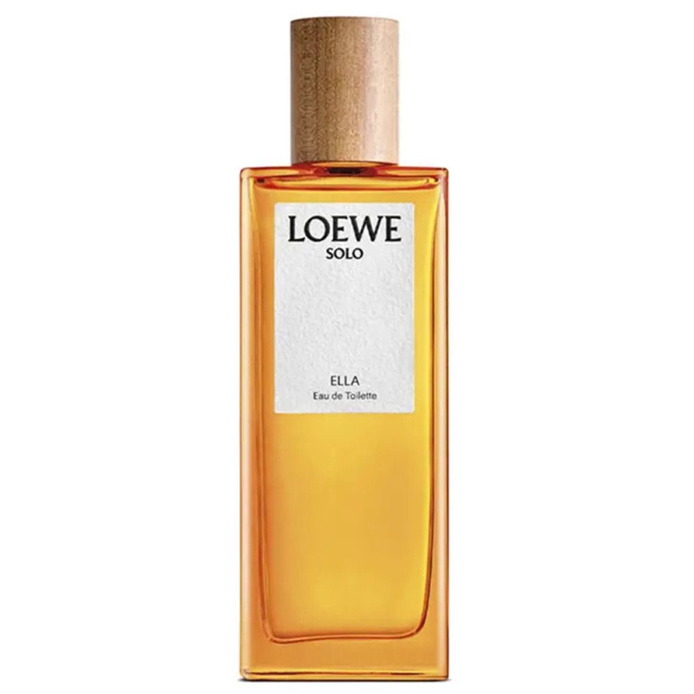 Loewe Solo Ella Eau de Toilette Spray. Rechthoekige fles met houten dop. Opschrift: Loewe Solo Ella.