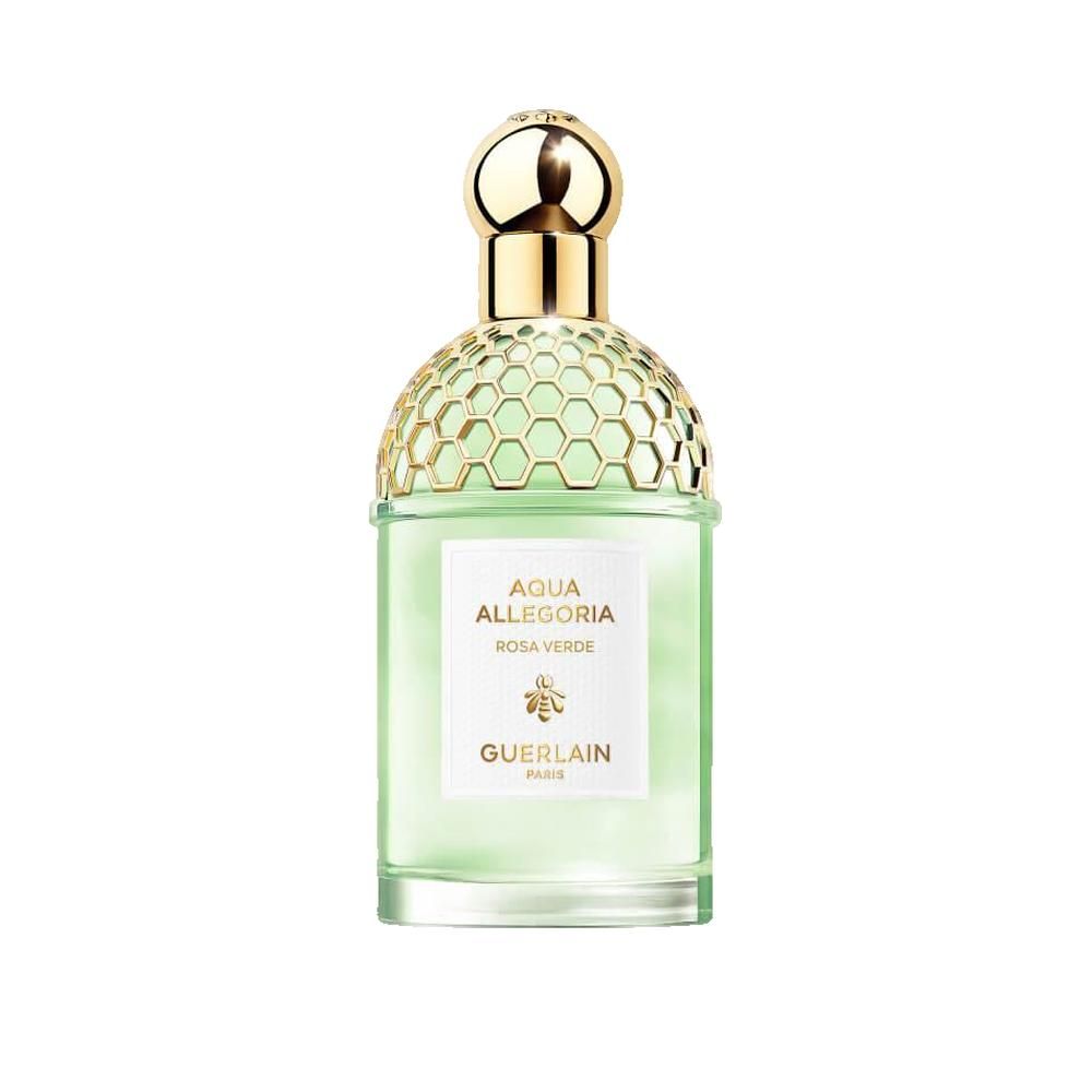 Groene glazen parfumfles met gouden dop. Opschrift: Aqua Allegoria Rosa Verde, Guerlain.