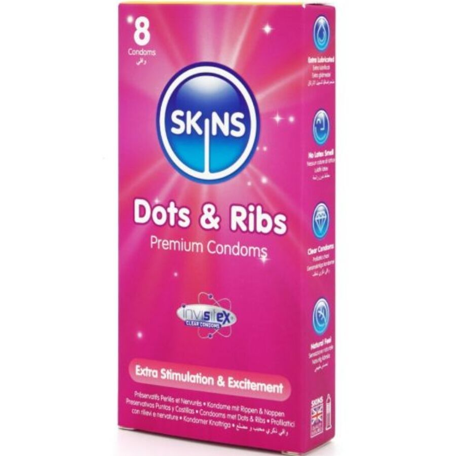 Roze verpakking van SKINS Dots & Ribs condooms, 8 stuks. Tekst: Extra Stimulation & Excitement.