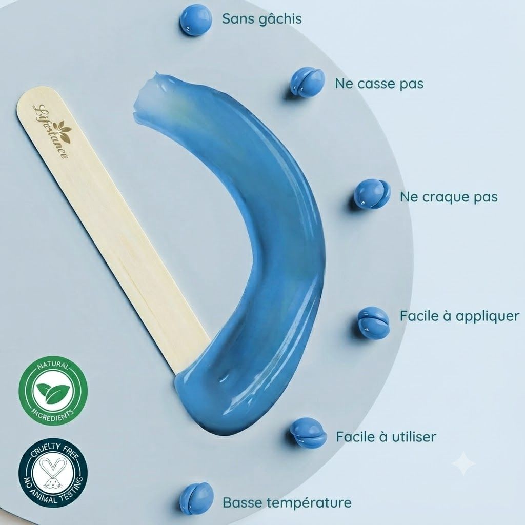 Cire bleue avec spatule en bois et petites billes de cire. Certifications ingrédients naturels et non testé sur les animaux.