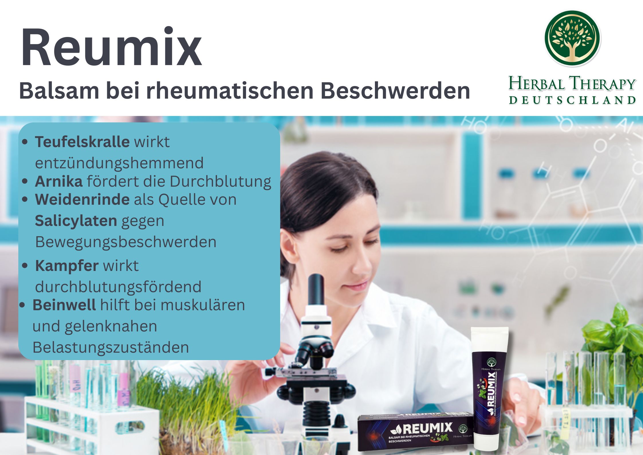 Persoon in laboratorium met tube en verpakking. Tekst: REUMIX, balsem voor reumatische klachten. Herbal Therapy logo.