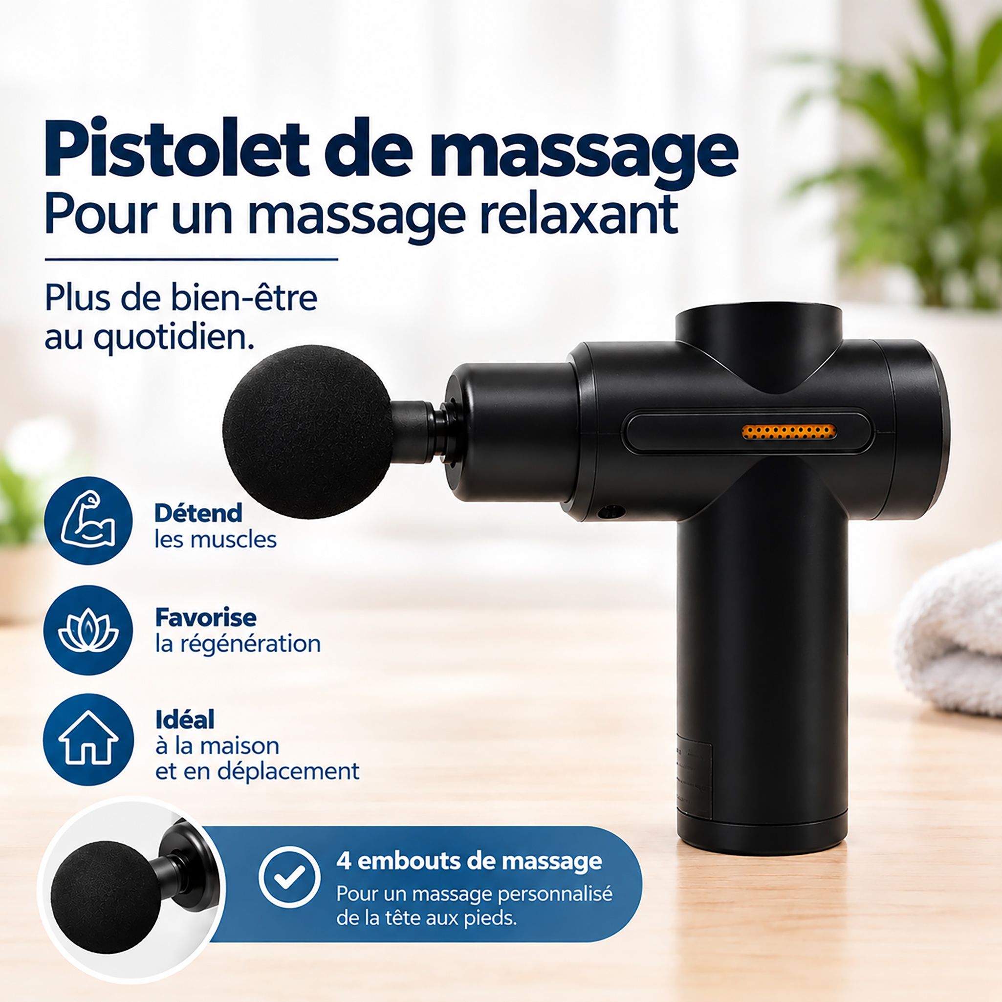 Pistolet de massage noir avec tête ronde et indicateur de charge.
