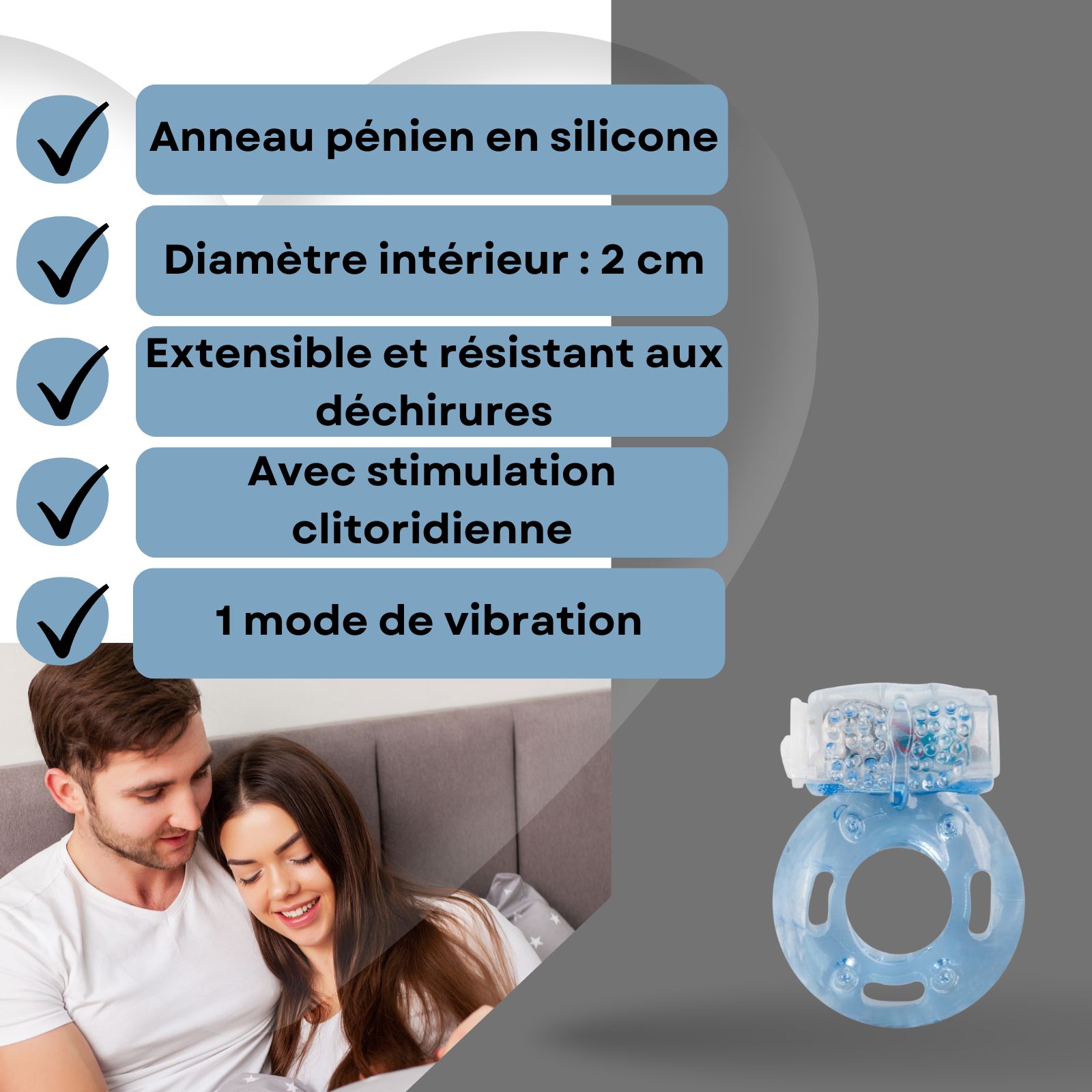 Couple au lit. Anneau pénien avec partie vibrante, couleur bleue.