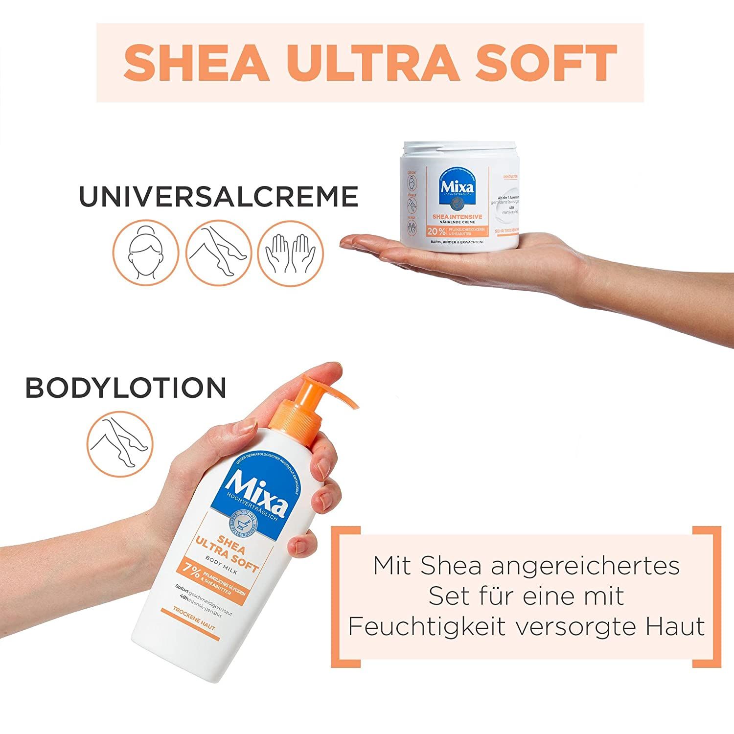 Handen houden Mixa producten: crème pot en bodylotion. Shea Ultra Soft. Set voor gehydrateerde huid.