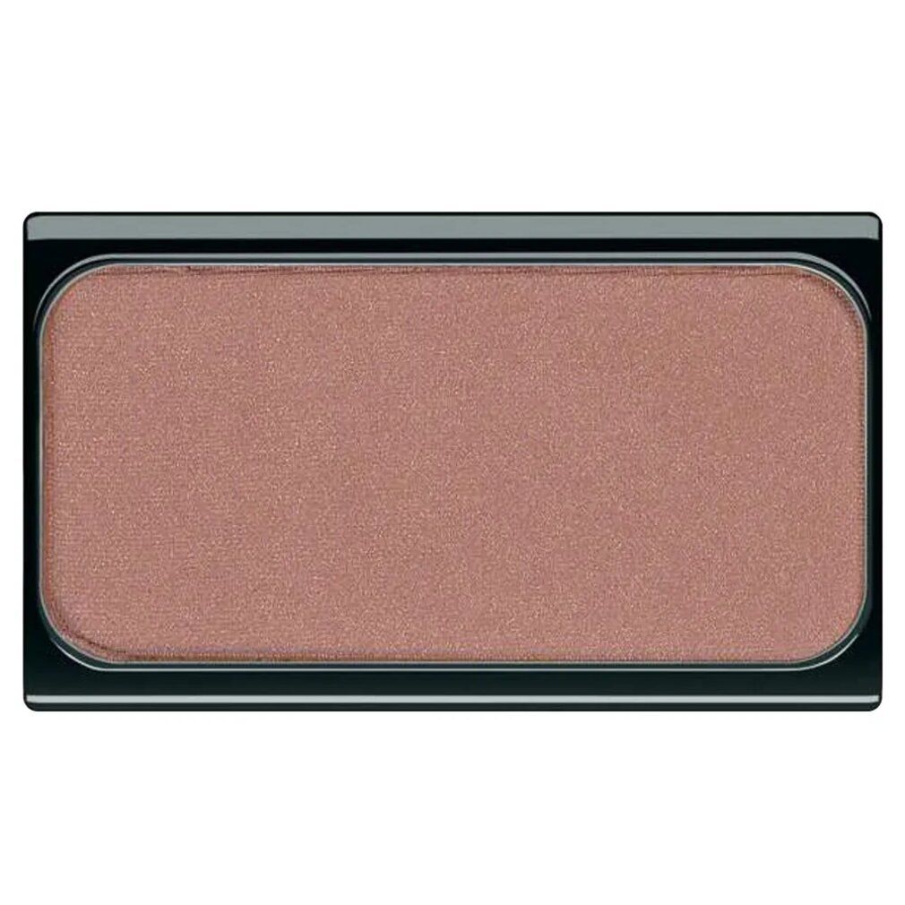 Fard à joues en boîtier compact noir rectangulaire. Teinte rose-brun. Coins arrondis.