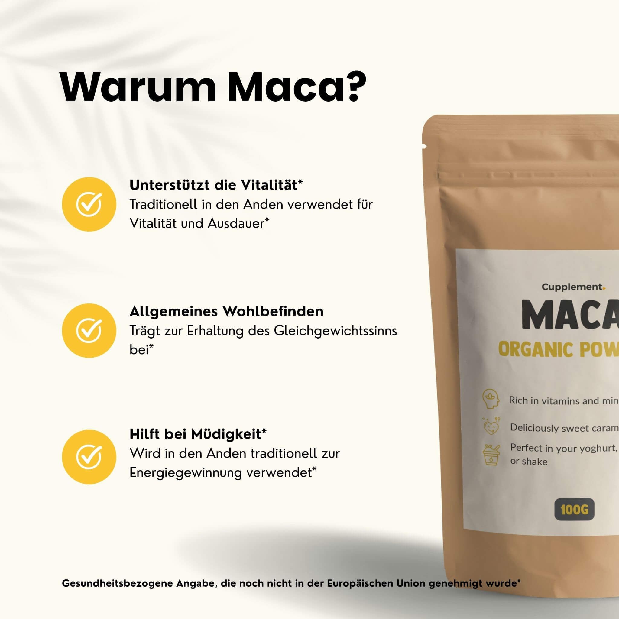 Bruine papieren zak met Maca biologisch poeder, 100g. Tekst in het Nederlands legt voordelen uit.
