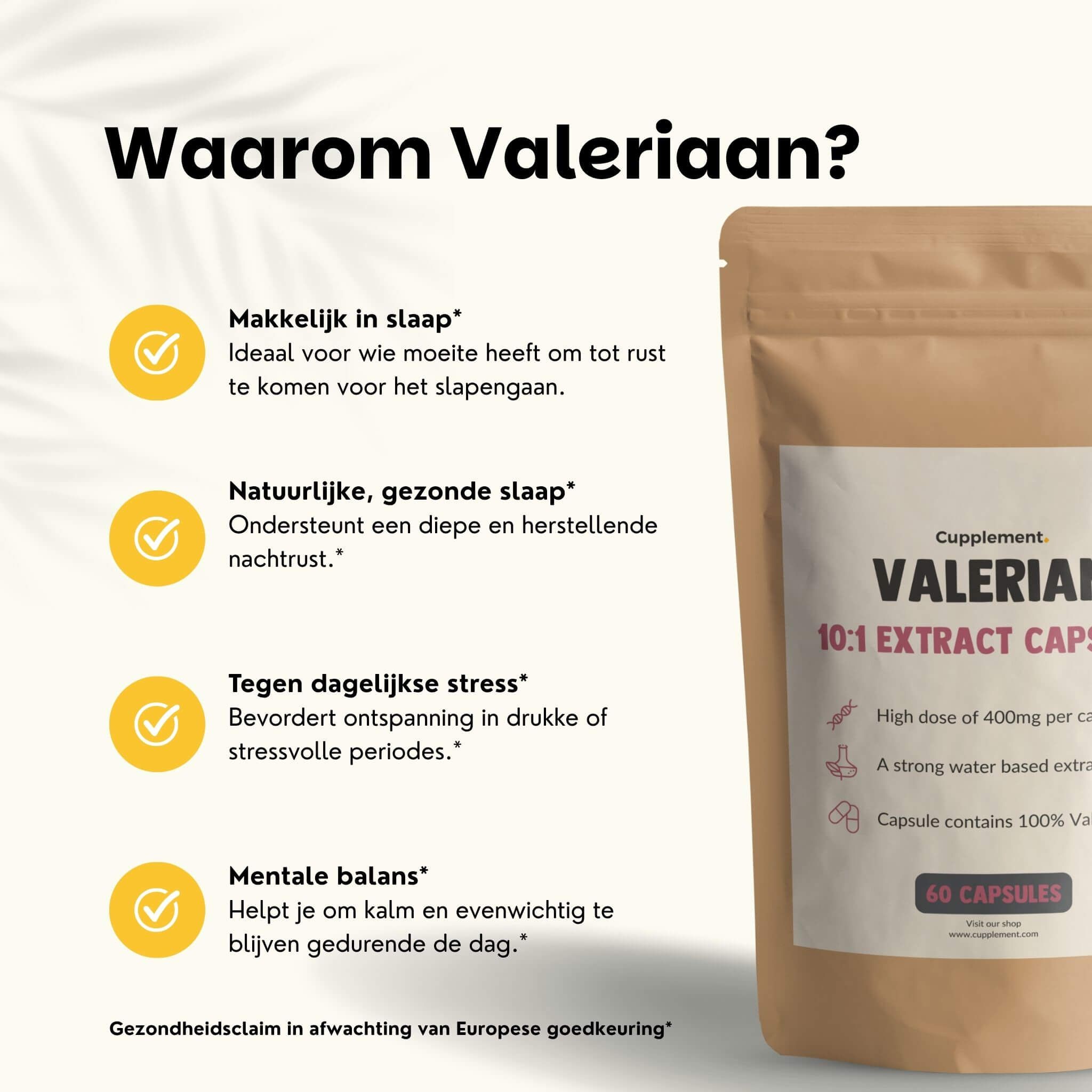 Zak met valeriaan 10:1 extract capsules. Tekst: Gemakkelijk in slaap vallen, natuurlijke slaap, tegen dagelijkse stress, mentale balans.
