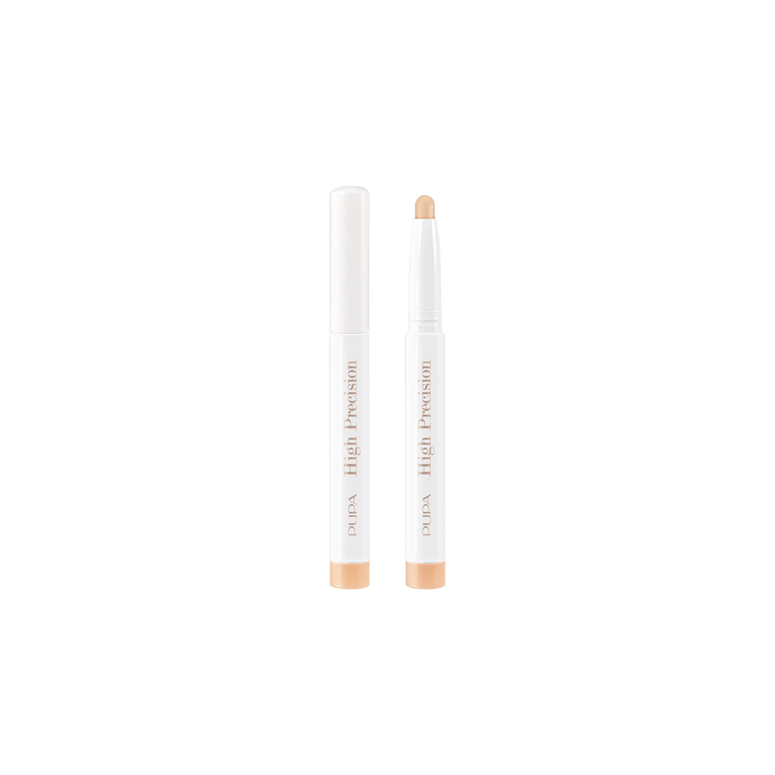 Twee witte pennen met lichte concealer. Eén met dop, de ander open met zichtbare punt.