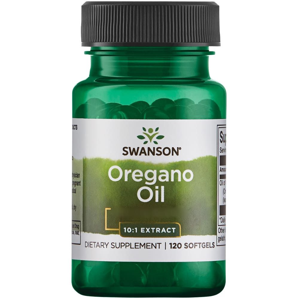 Bouteille verte de Swanson Huile d'Origan 10:1 Extrait, 120 gélules molles.