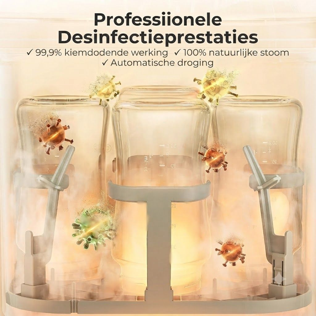 Babyflessterilisator met stoom en automatische droging, toont virussen en bacteriën.