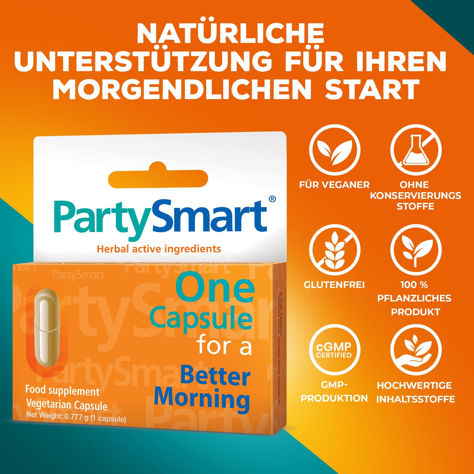 Party Smart capsuleverpakking met opschrift 'One Capsule for a Better Morning'. Bevat vegetarische capsules.