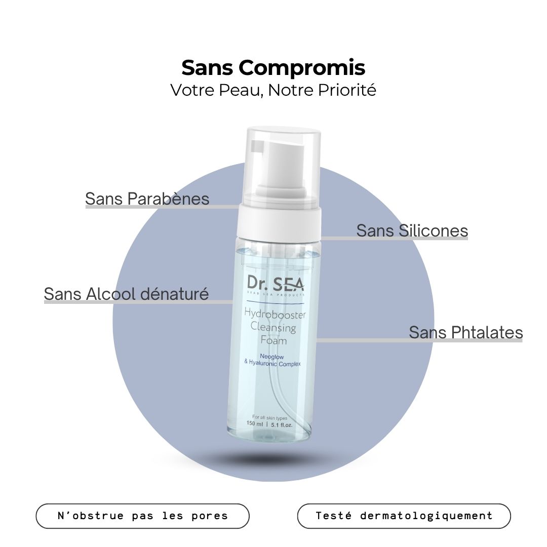 Flacon avec texte. Texte : Sans compromis. Sans parabènes, silicones, alcool dénaturé, phtalates. Testé dermatologiquement.