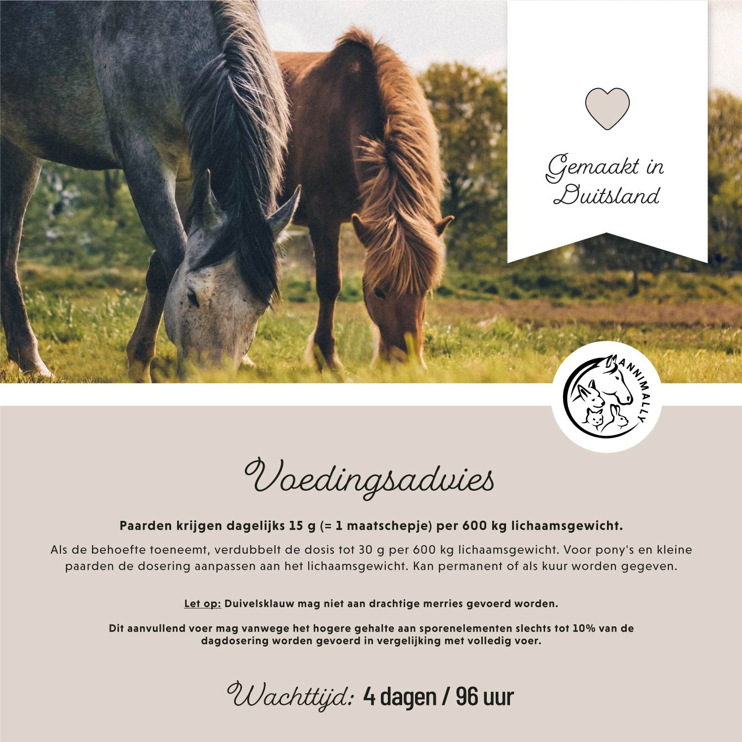 Twee paarden grazen. Tekst: Made in Duitsland. Voedingsadvies. Logo: Annimally. Wachttijd: 4 dagen / 96 uur.