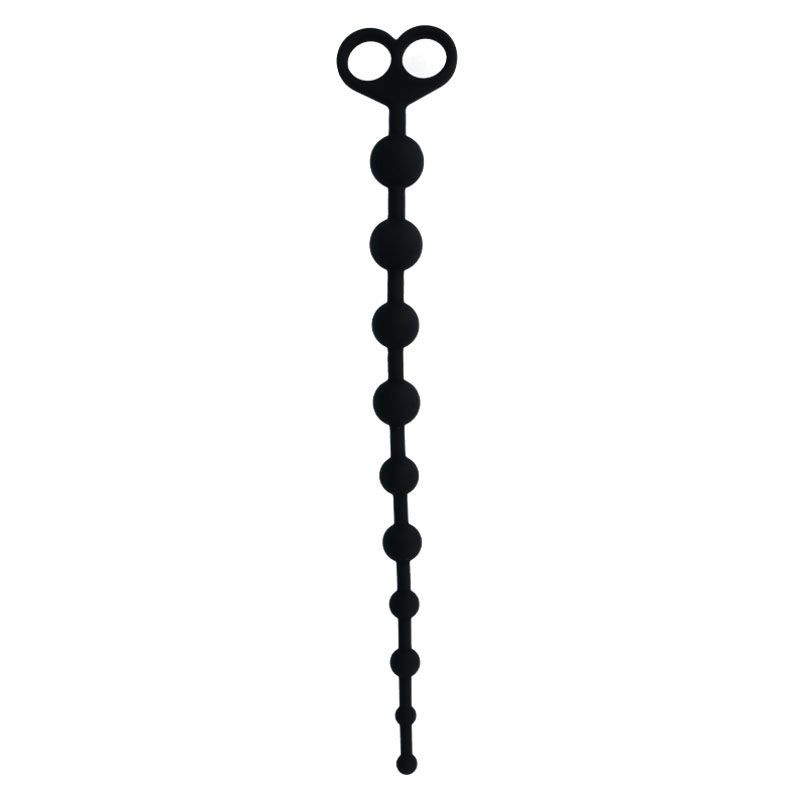 Chaîne de perles anales noire avec poignée en forme de cœur, sur fond blanc.