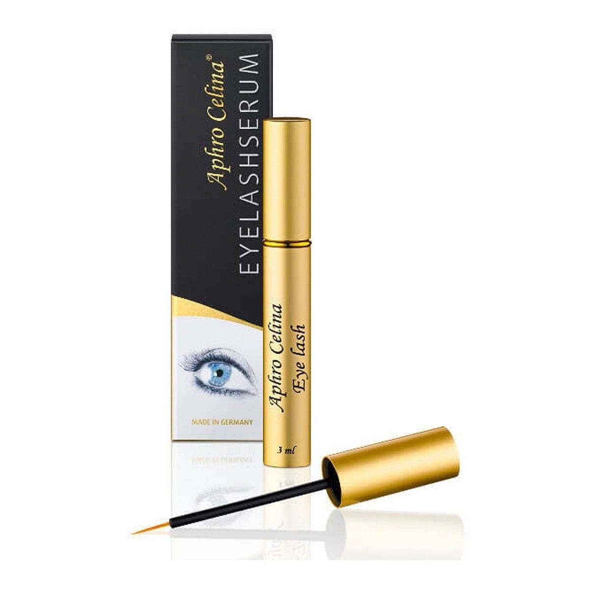 Gouden serumfles en verpakking met opschrift "Aphro Celina Eyelash Serum". Zwarte borstel.