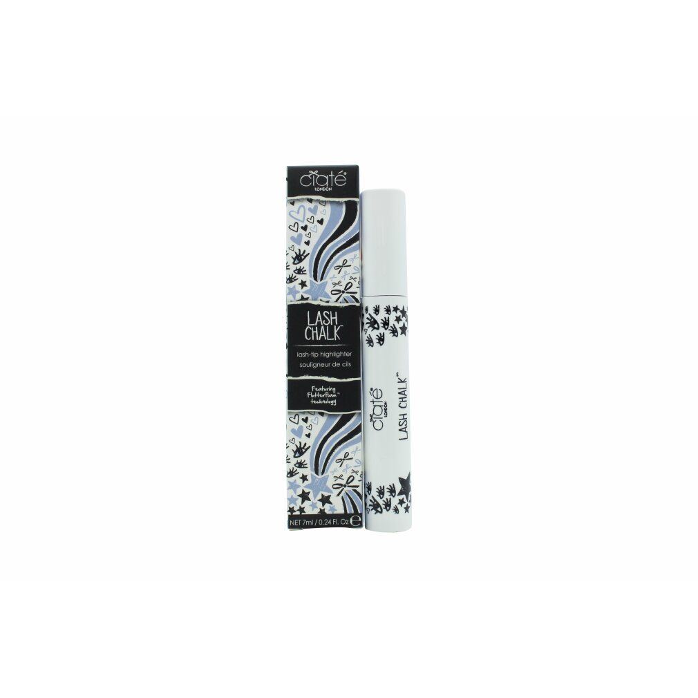 Mascara-stift en verpakking. Witte stift met zwarte opdruk. Verpakking met sterrenpatroon en opschrift LASH CHALK.