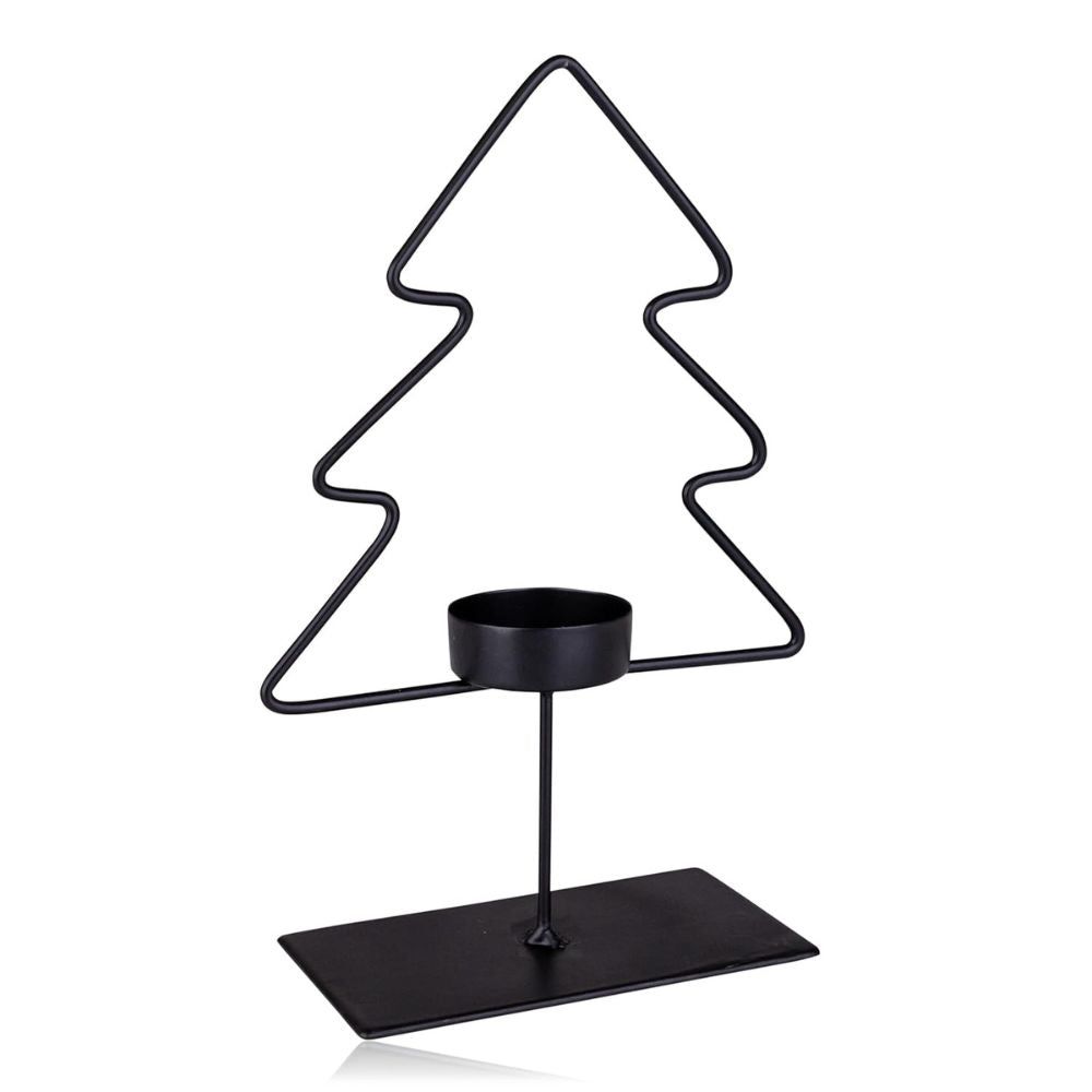 Bougeoir noir en forme de sapin. Structure métallique avec bougeoir rond sur une base rectangulaire.