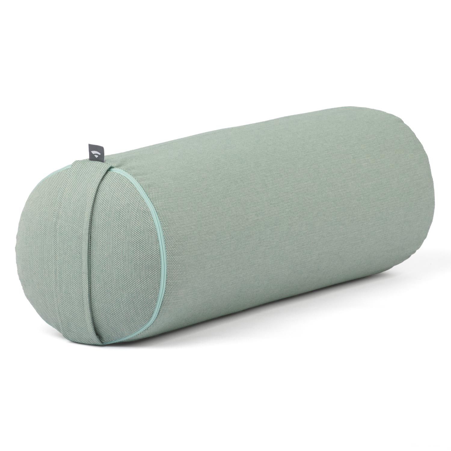 Cilindrische yoga bolster in groen met lichtgroene naad. Stoffen hoes met logo label. Afgeronde uiteinden.