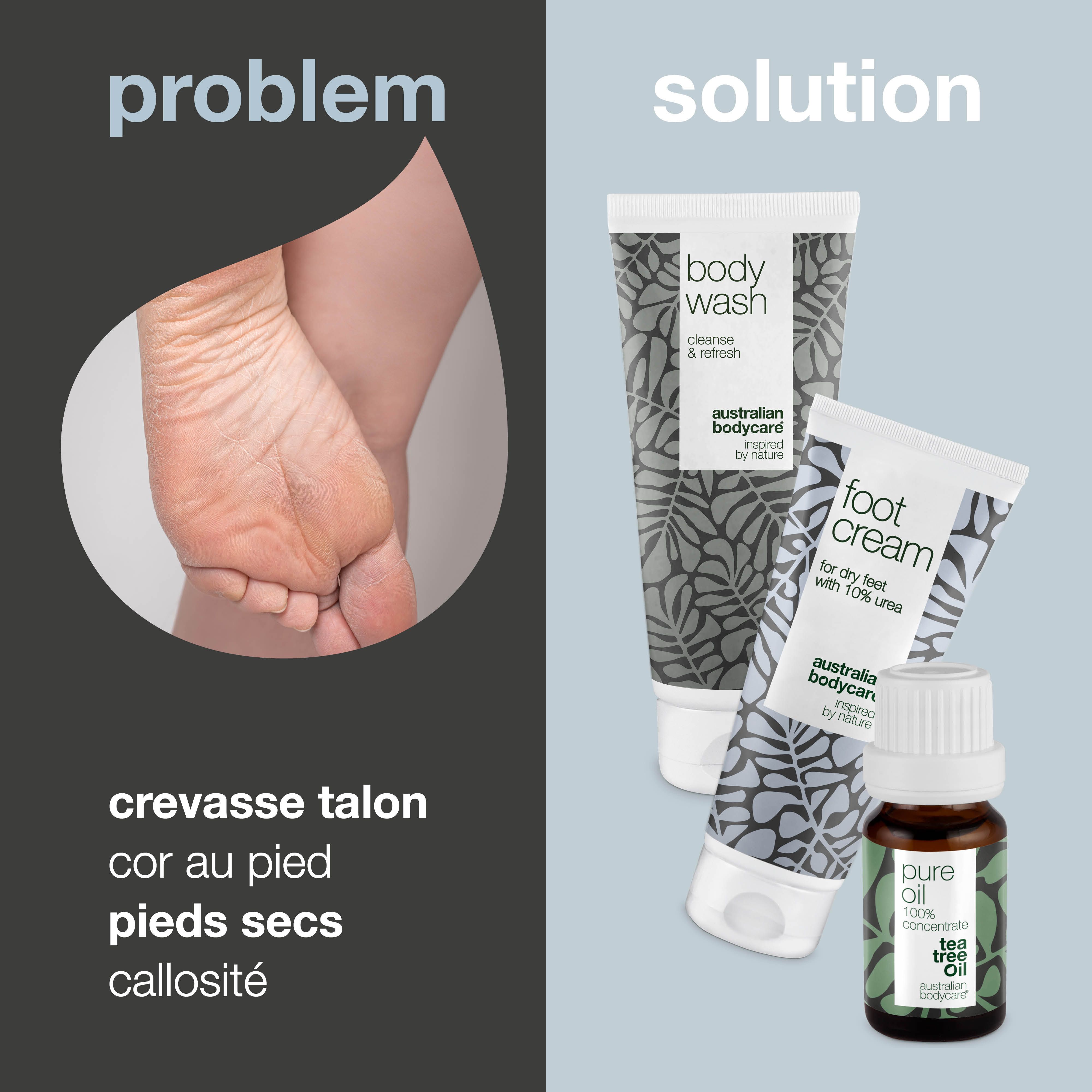 Comparaison problème-solution. Pied fissuré à côté des produits : gel douche, crème pour les pieds, huile d'arbre à thé.