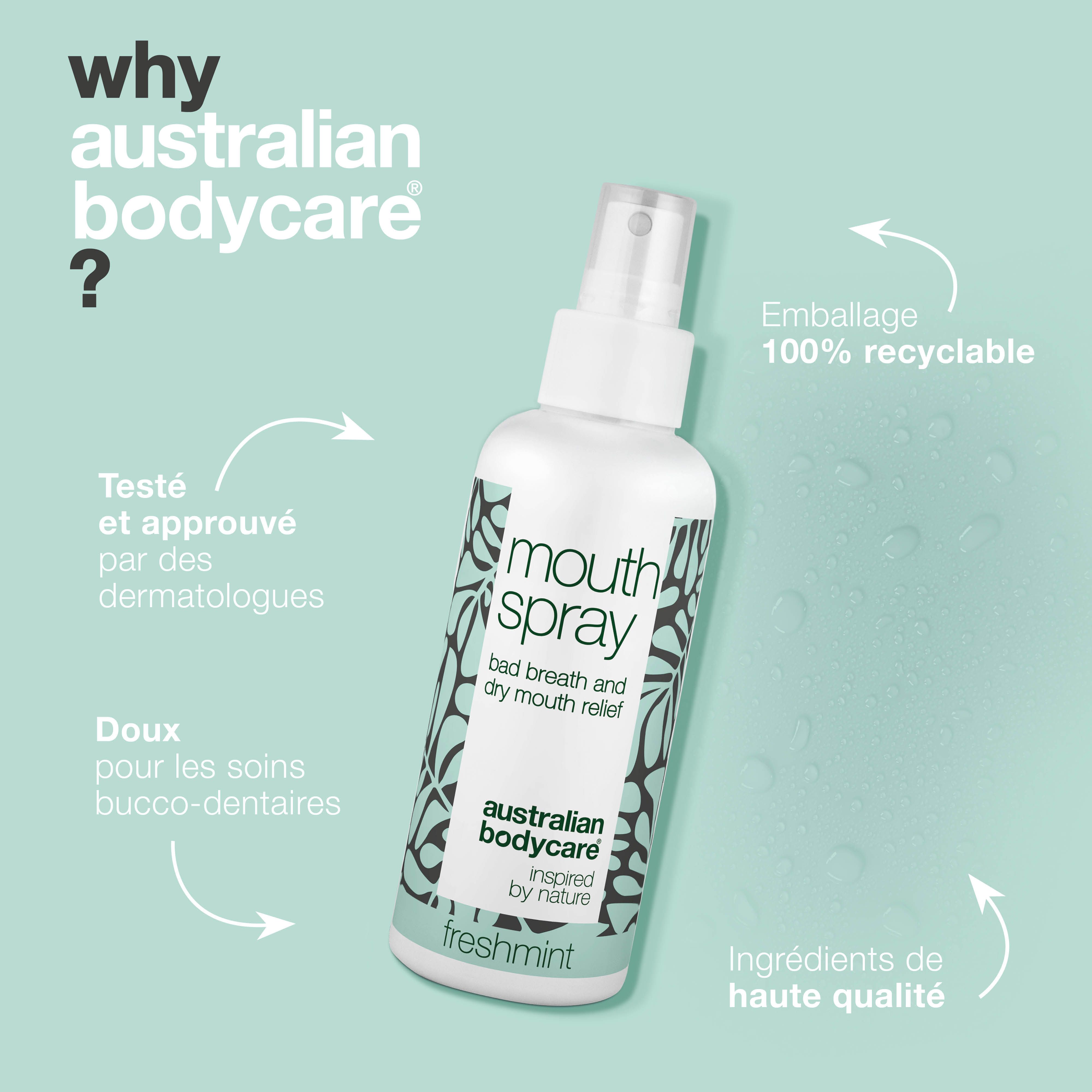 Flacon de spray buccal. Texte : testé et approuvé par les dermatologues, doux pour les soins bucco-dentaires, emballage 100% recyclable.