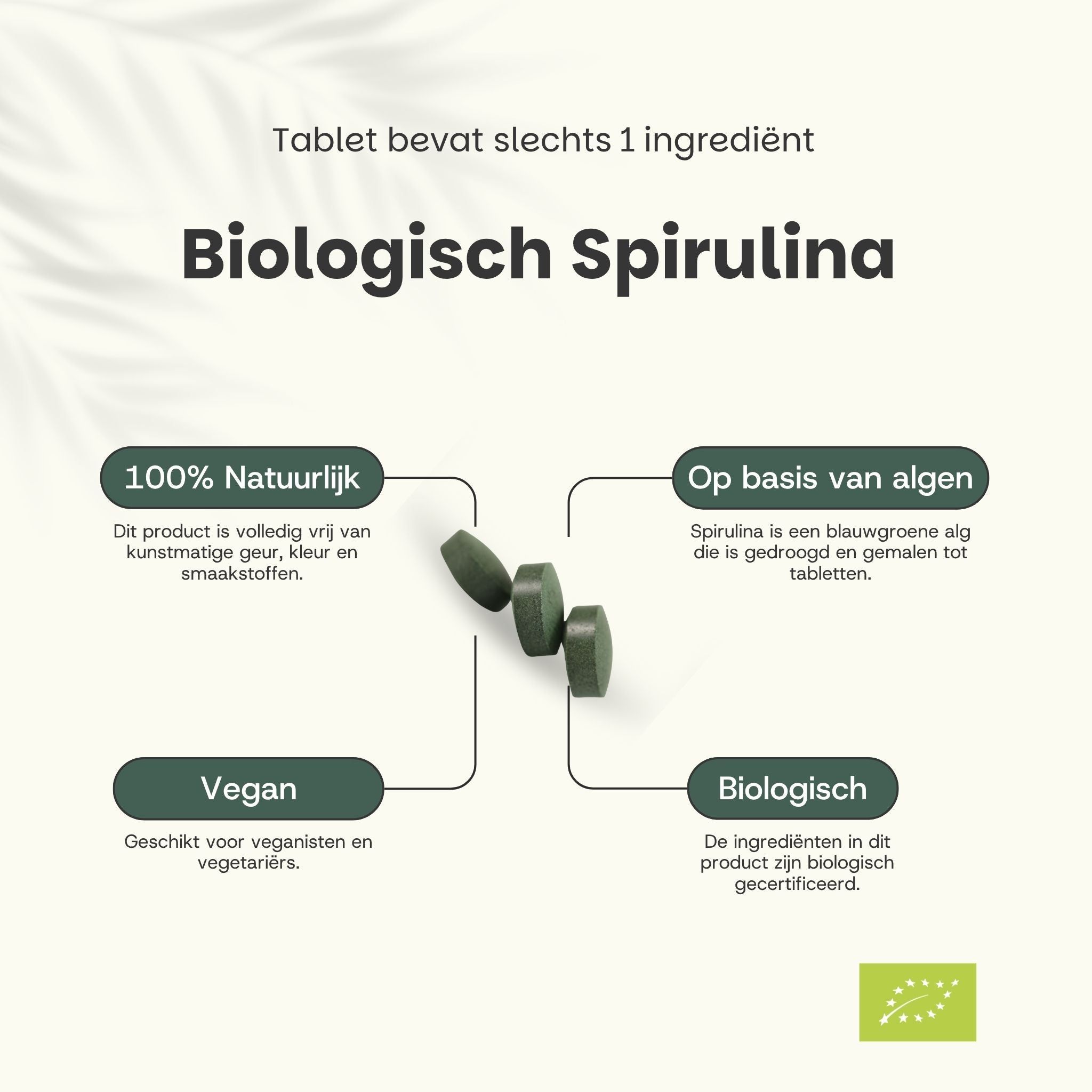 Tekst: Biologische Spirulina. 100% natuurlijk. Veganistisch. Biologisch. Drie groene tabletten. Bio-keurmerk.