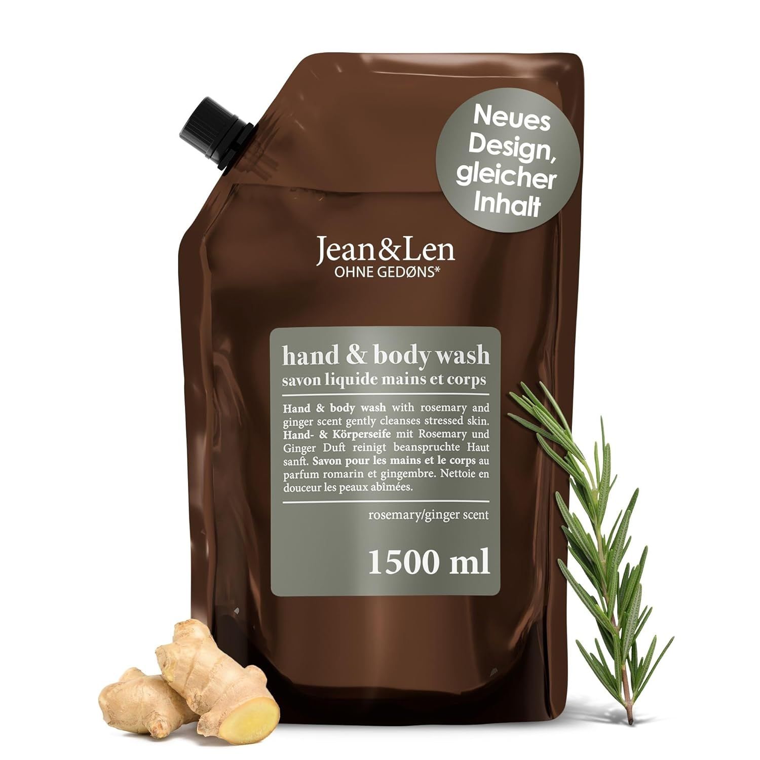 Recharge marron avec bouchon noir. Inscription: Jean & Len, Hand & Body Wash, romarin & gingembre. 1500 ml.