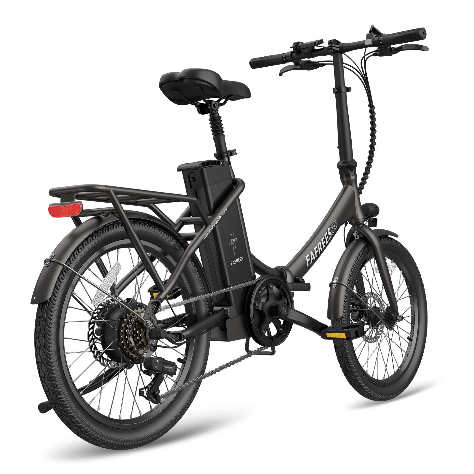 Vélo électrique Fafrees F20, anthracite. Vue arrière. Avec porte-bagages, garde-boue et batterie. Marque et nom du modèle.