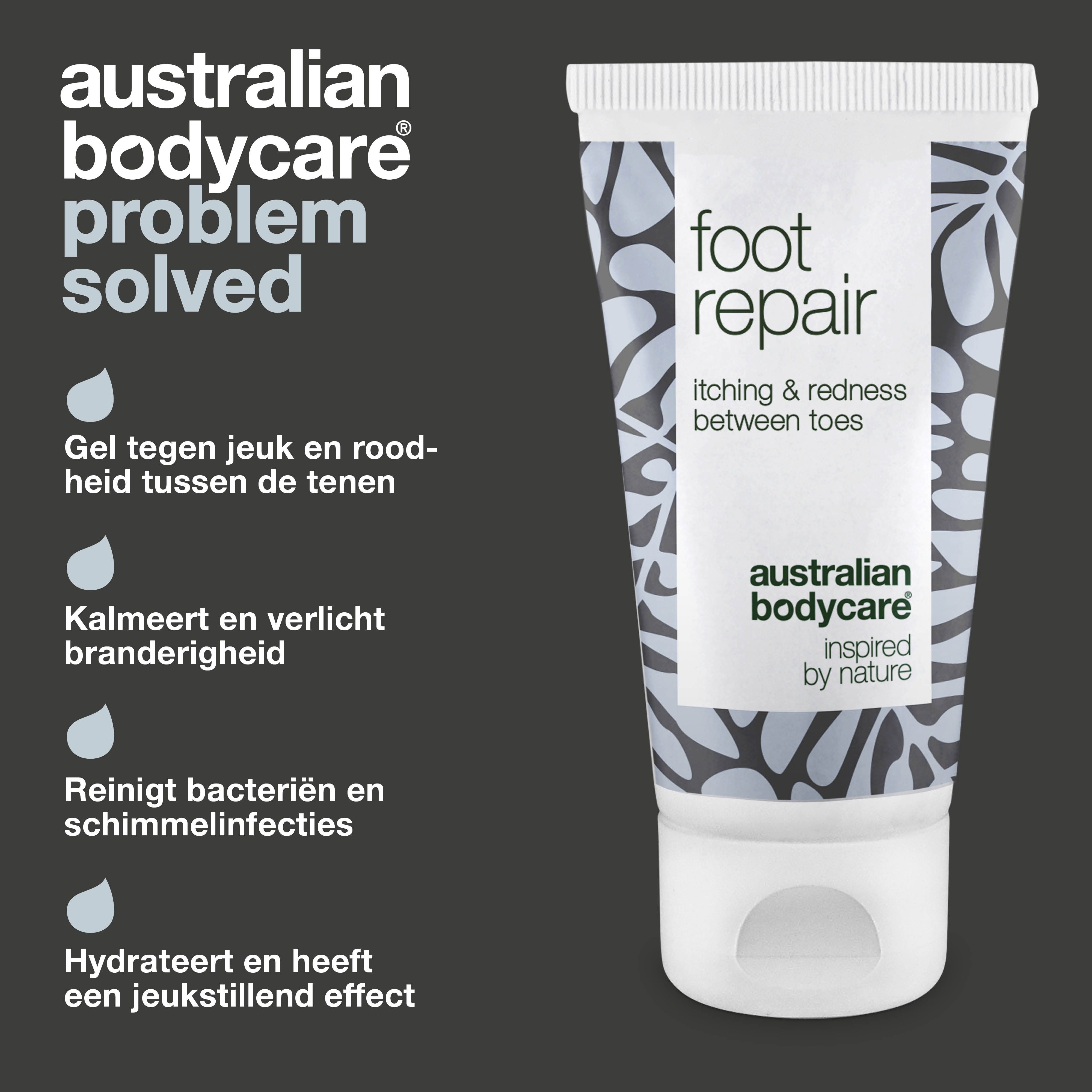 Voetverzorging tube: foot repair, itching & redness between toes, Australian Bodycare. Tekst: Gel tegen jeuk en roodheid.